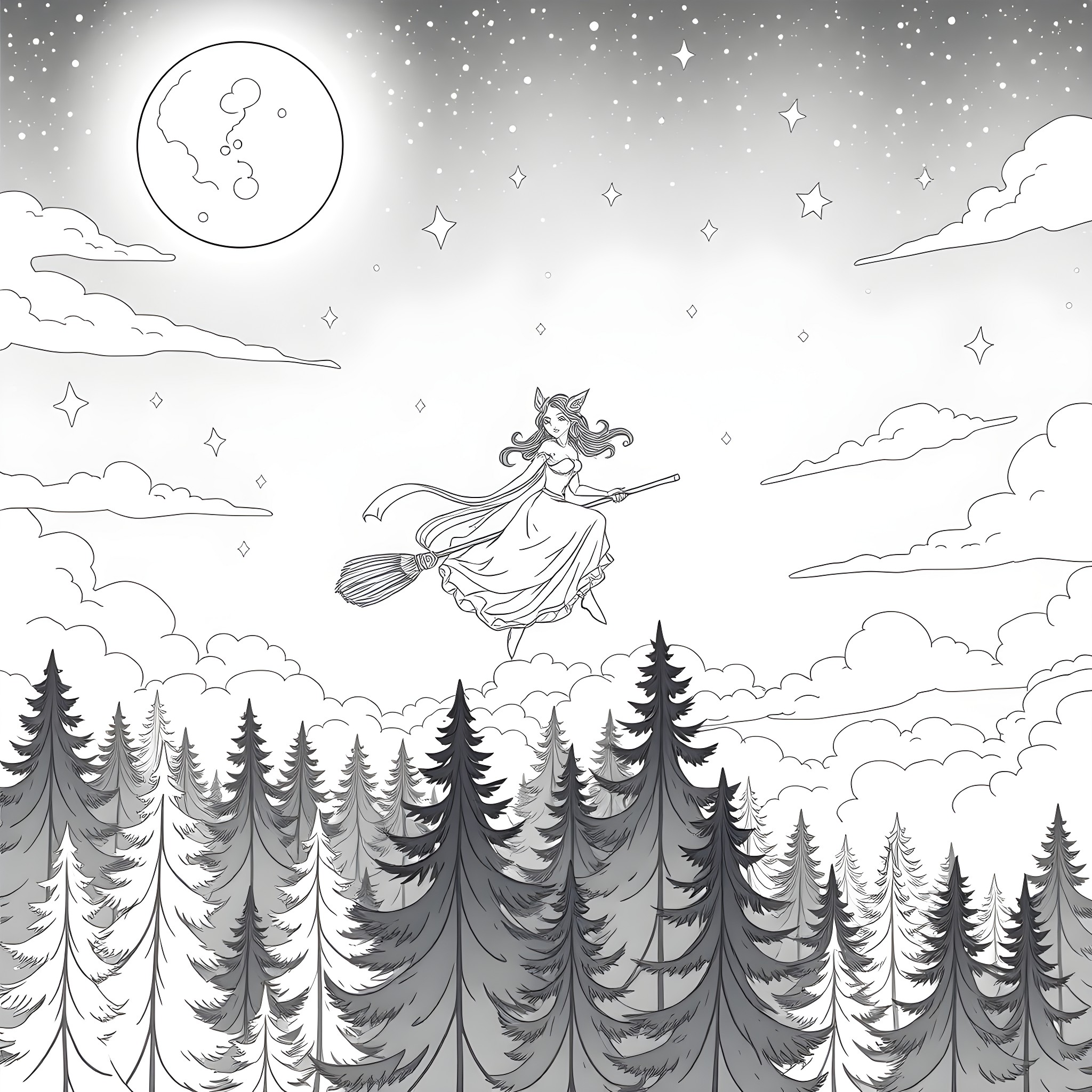 Vex'ahlia soaring through the enchanted night sky Coloring Page (free black-and-white line drawing printable PDF for all, from beginners to advanced learners, including children, teens, adults, and seniors)