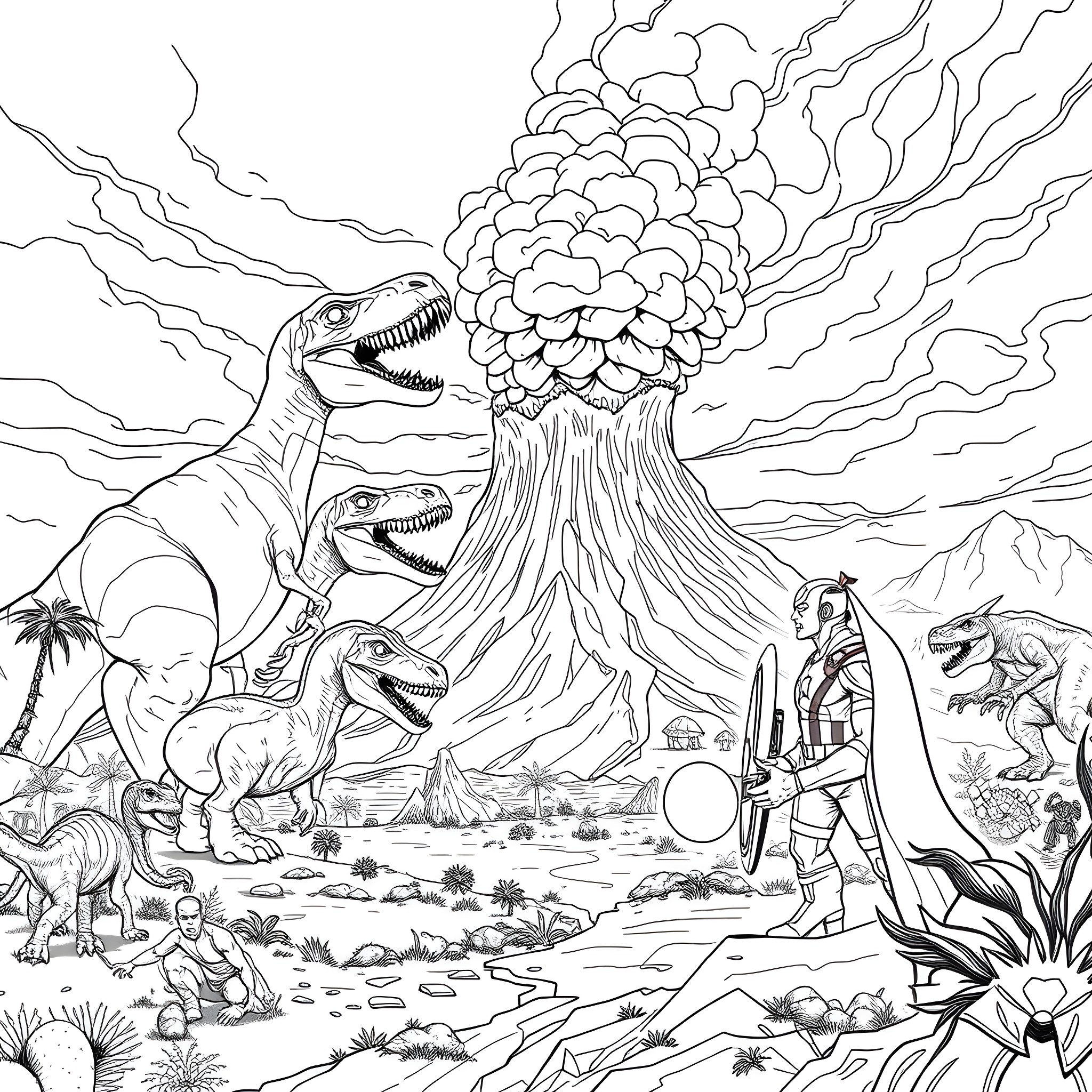 Dinosaur Eruption and Adventure in Prehistoric Landscape Coloring Page (free black-and-white line drawing printable PDF for all, from beginners to advanced learners, including children, teens, adults, and seniors)