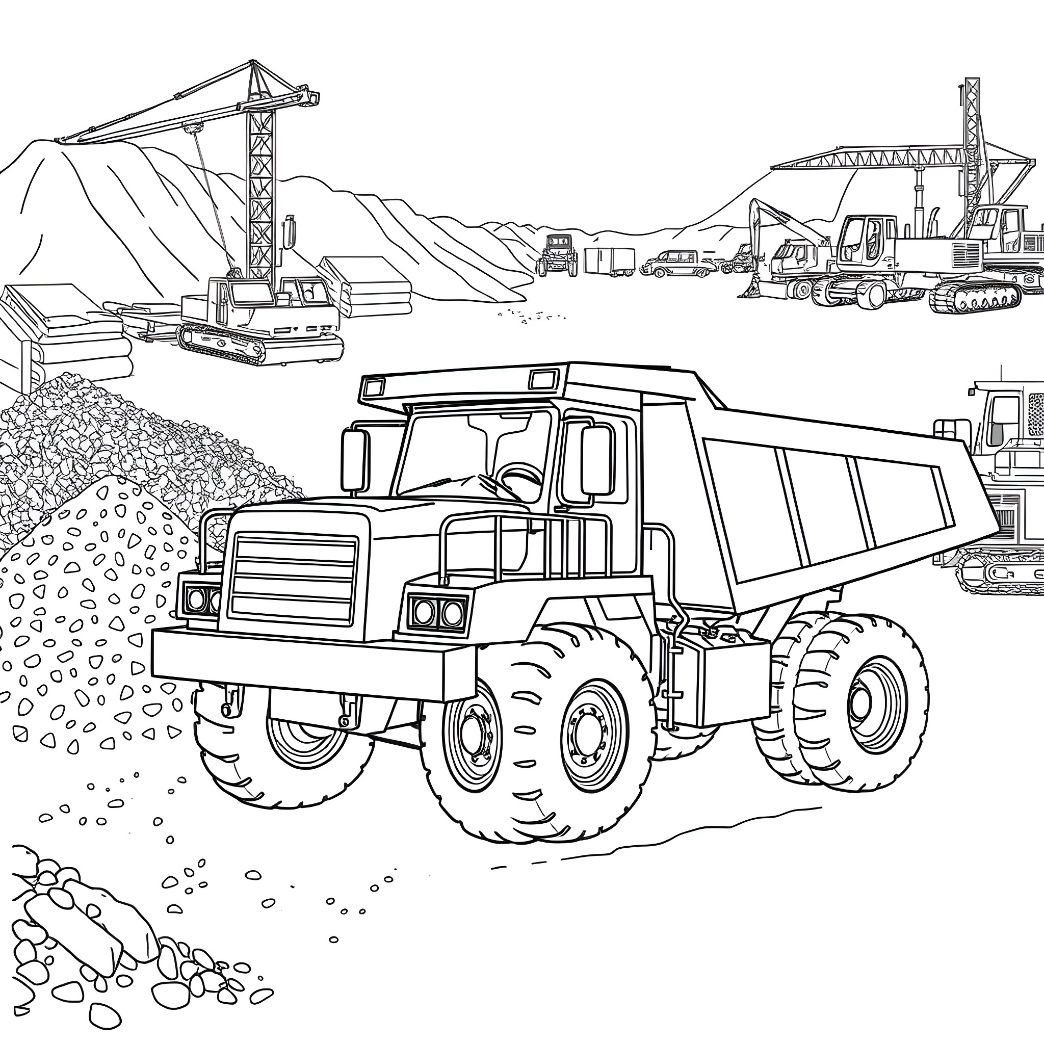Dumper truck in an active construction site Coloring Page (free black-and-white line drawing printable PDF for all, from beginners to advanced learners, including children, teens, adults, and seniors)