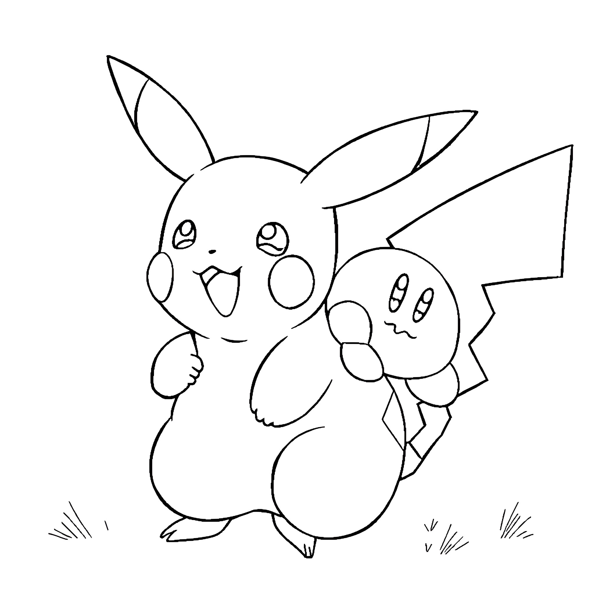 Pikachu with a cute companion Coloring Page (free black-and-white line drawing printable PDF for all, from beginners to advanced learners, including children, teens, adults, and seniors)