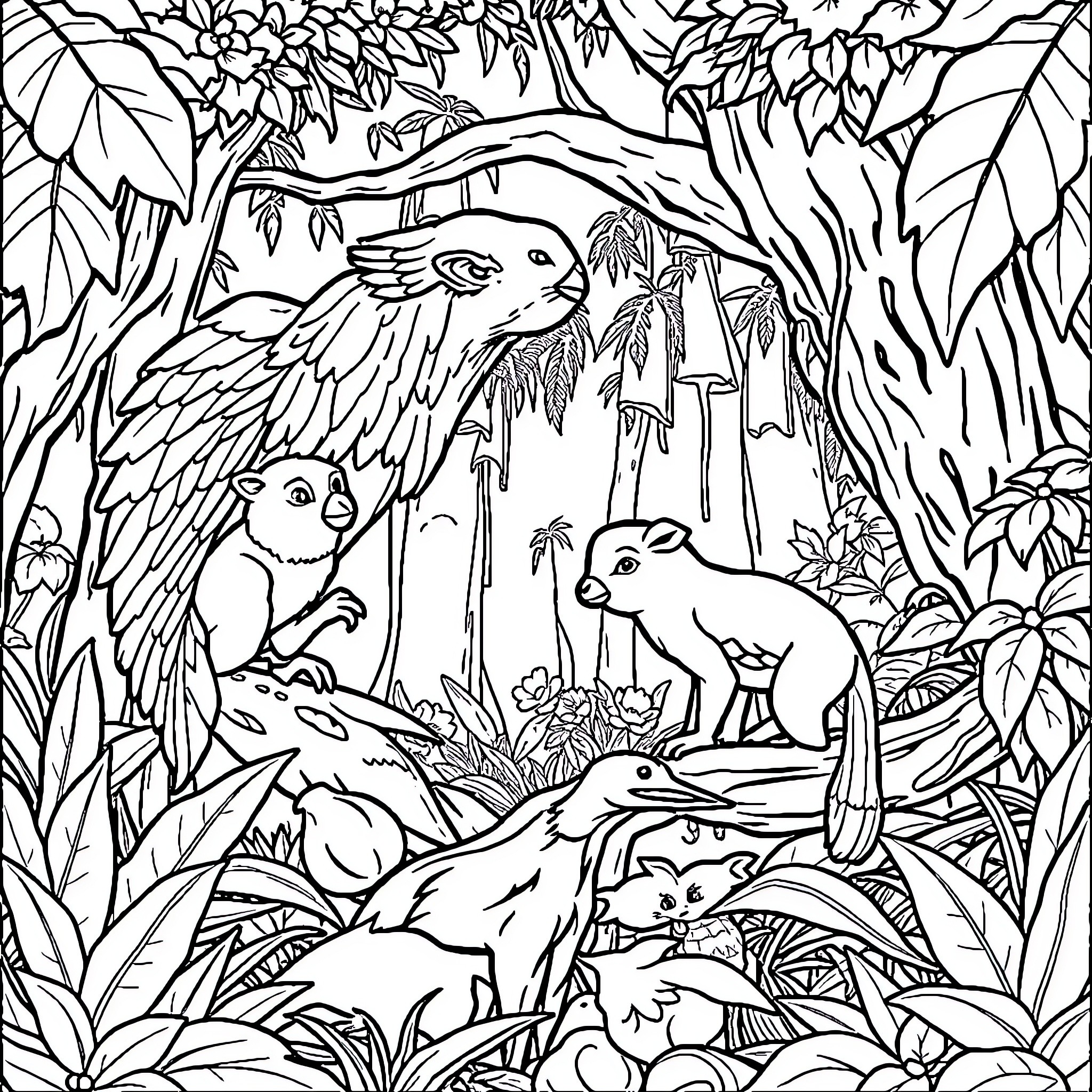 Animal forest scene with wildlife Coloring Page (free black-and-white line drawing printable PDF for all, from beginners to advanced learners, including children, teens, adults, and seniors)
