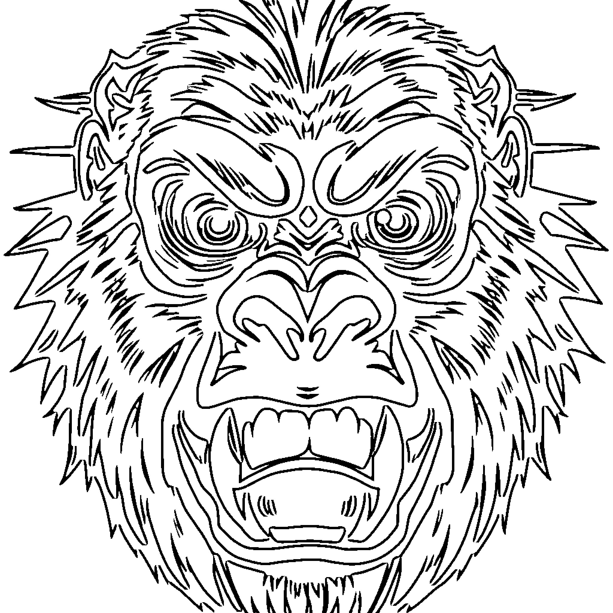 Gorilla with fierce expression Coloring Page (free black-and-white line drawing printable PDF for all, from beginners to advanced learners, including children, teens, adults, and seniors)
