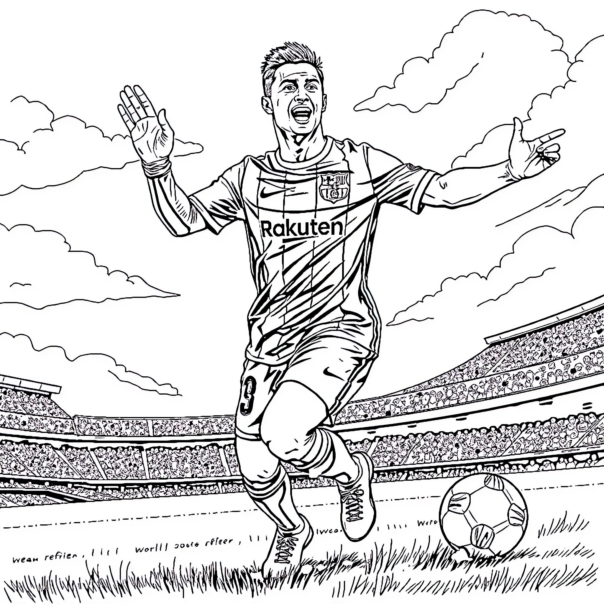 Ronaldo celebrating goal on the soccer field Coloring Page (free black-and-white line drawing printable PDF for all, from beginners to advanced learners, including children, teens, adults, and seniors)