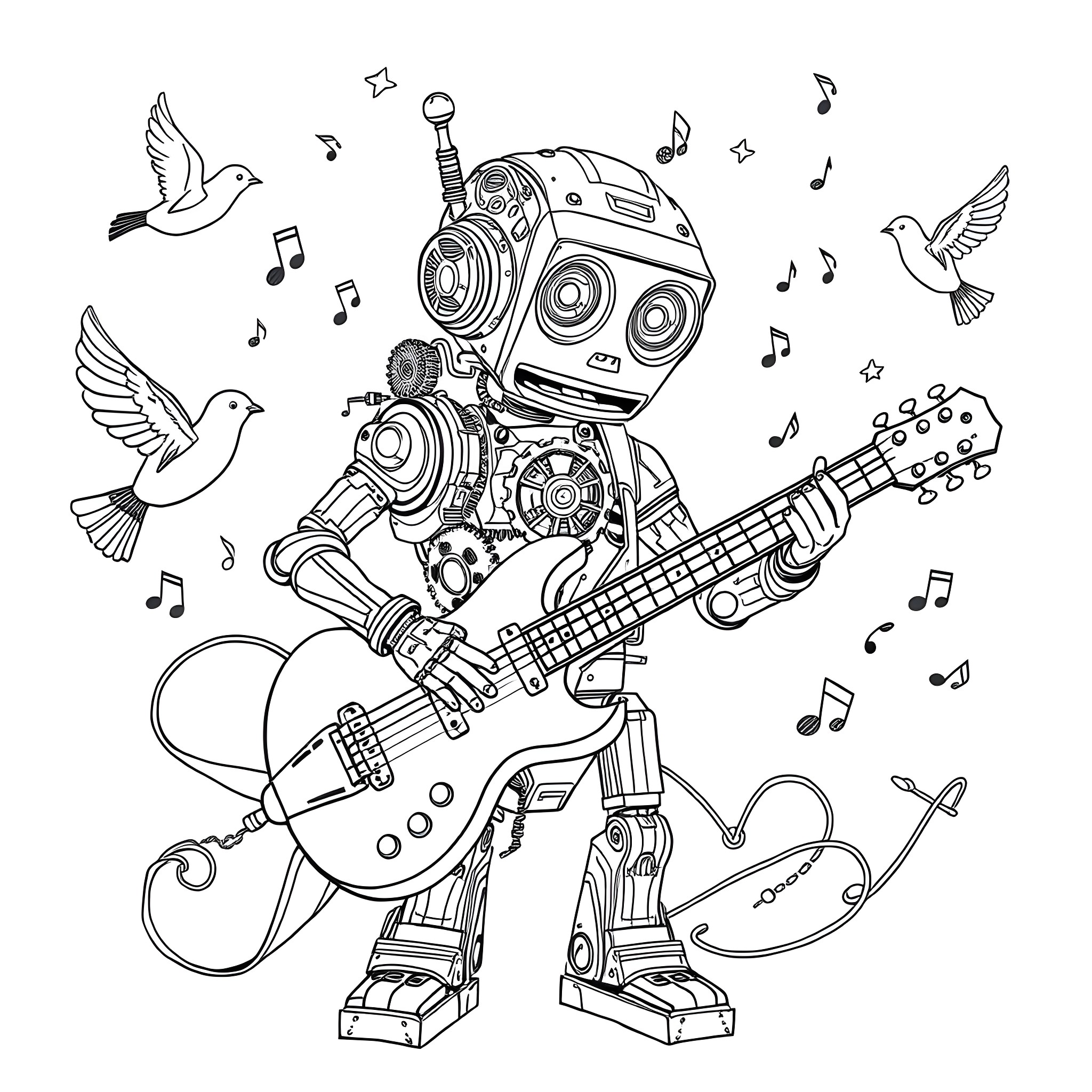 Robot rocking out with guitar and birds Coloring Page (free black-and-white line drawing printable PDF for all, from beginners to advanced learners, including children, teens, adults, and seniors)
