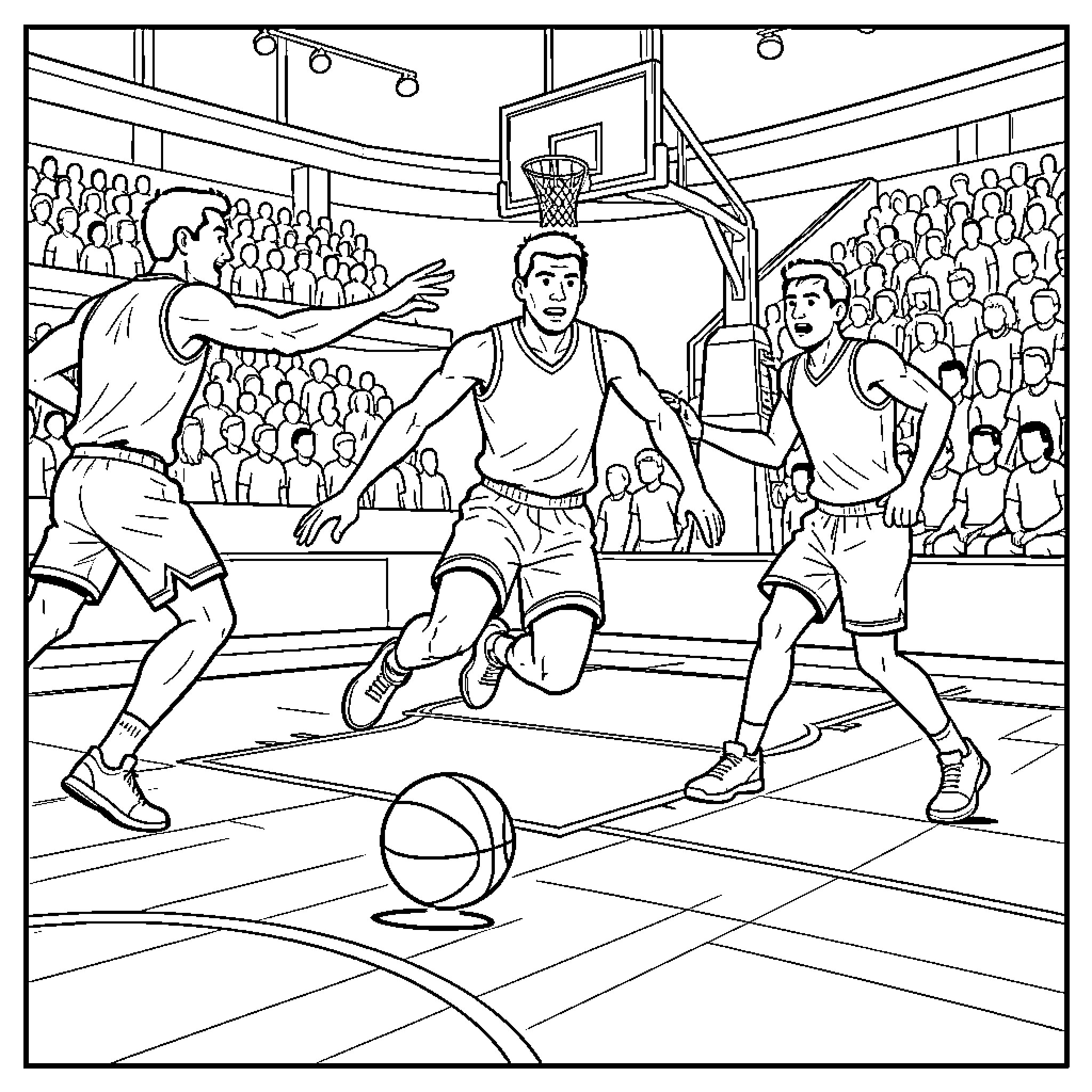 Basketball players in action on the court Coloring Page (free black-and-white line drawing printable PDF for all, from beginners to advanced learners, including children, teens, adults, and seniors)