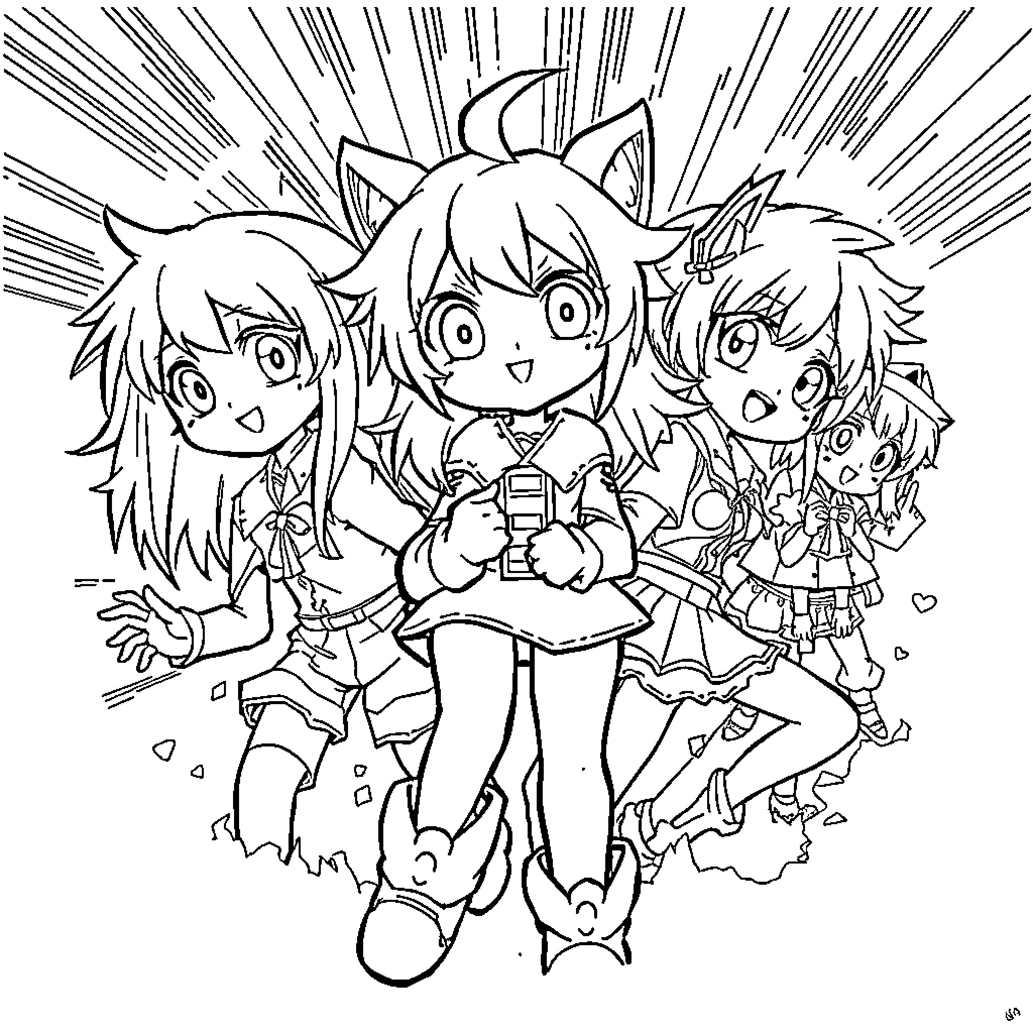 Anime Girls Expressing Surprise and Excitement Coloring Page (free black-and-white line drawing printable PDF for all, from beginners to advanced learners, including children, teens, adults, and seniors)