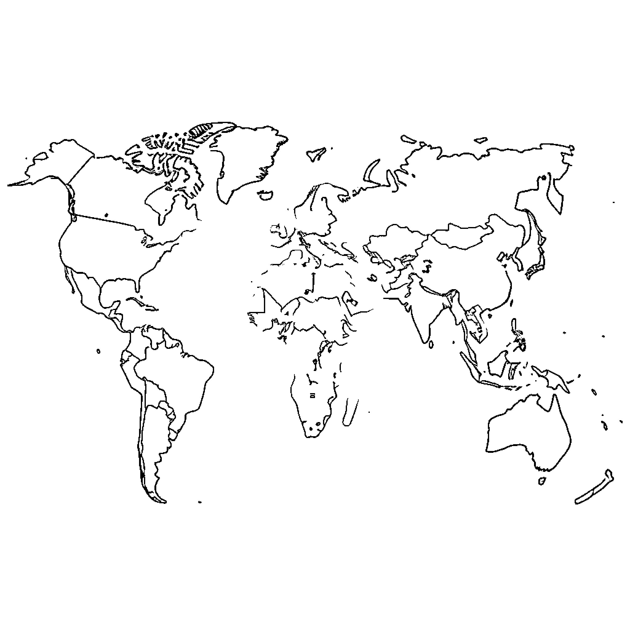Map of the world in black and white outline Coloring Page (free black-and-white line drawing printable PDF for all, from beginners to advanced learners, including children, teens, adults, and seniors)