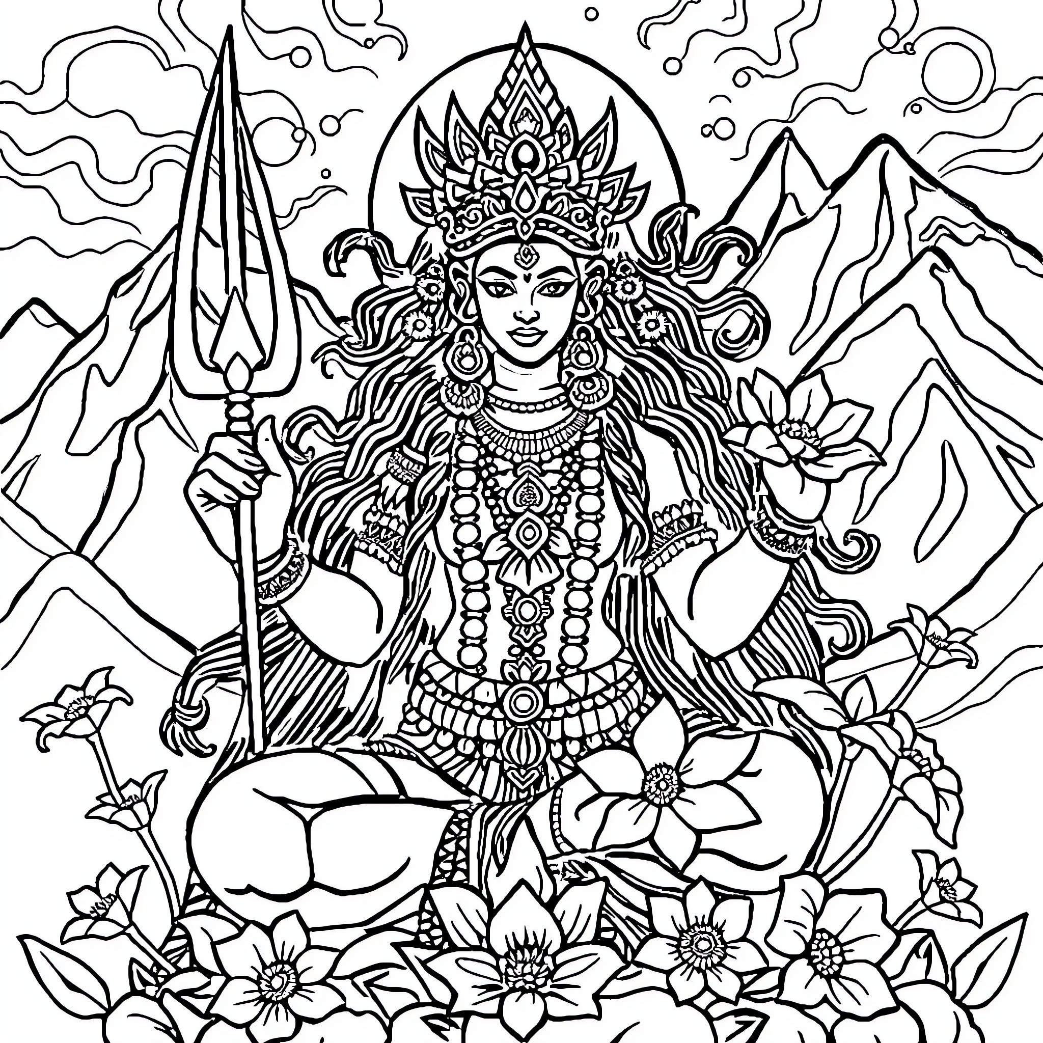 Kali, the Goddess of Transformation, Surrounded by Nature Coloring Page (free black-and-white line drawing printable PDF for all, from beginners to advanced learners, including children, teens, adults, and seniors)