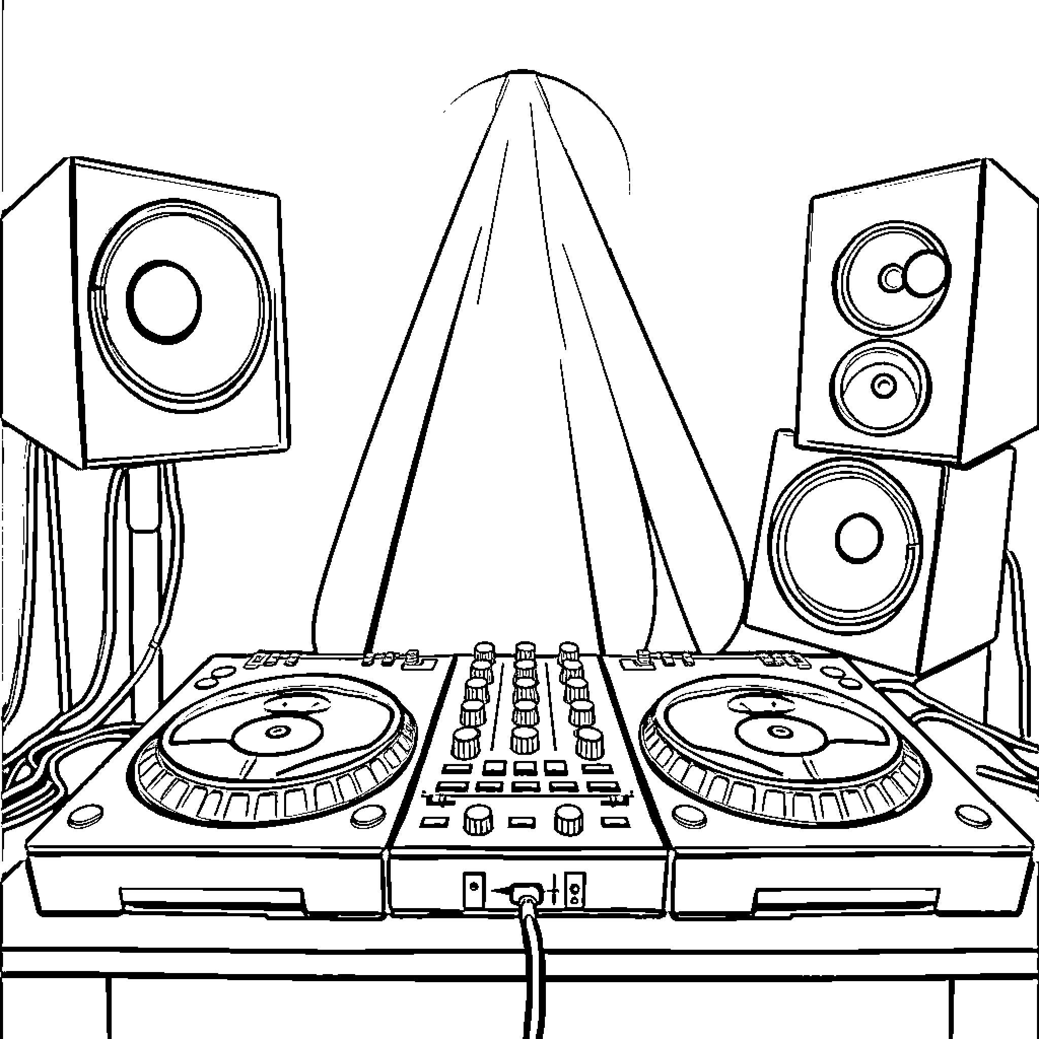 DJ Turntable with Mixing Equipment and Speakers Coloring Page (free black-and-white line drawing printable PDF for all, from beginners to advanced learners, including children, teens, adults, and seniors)