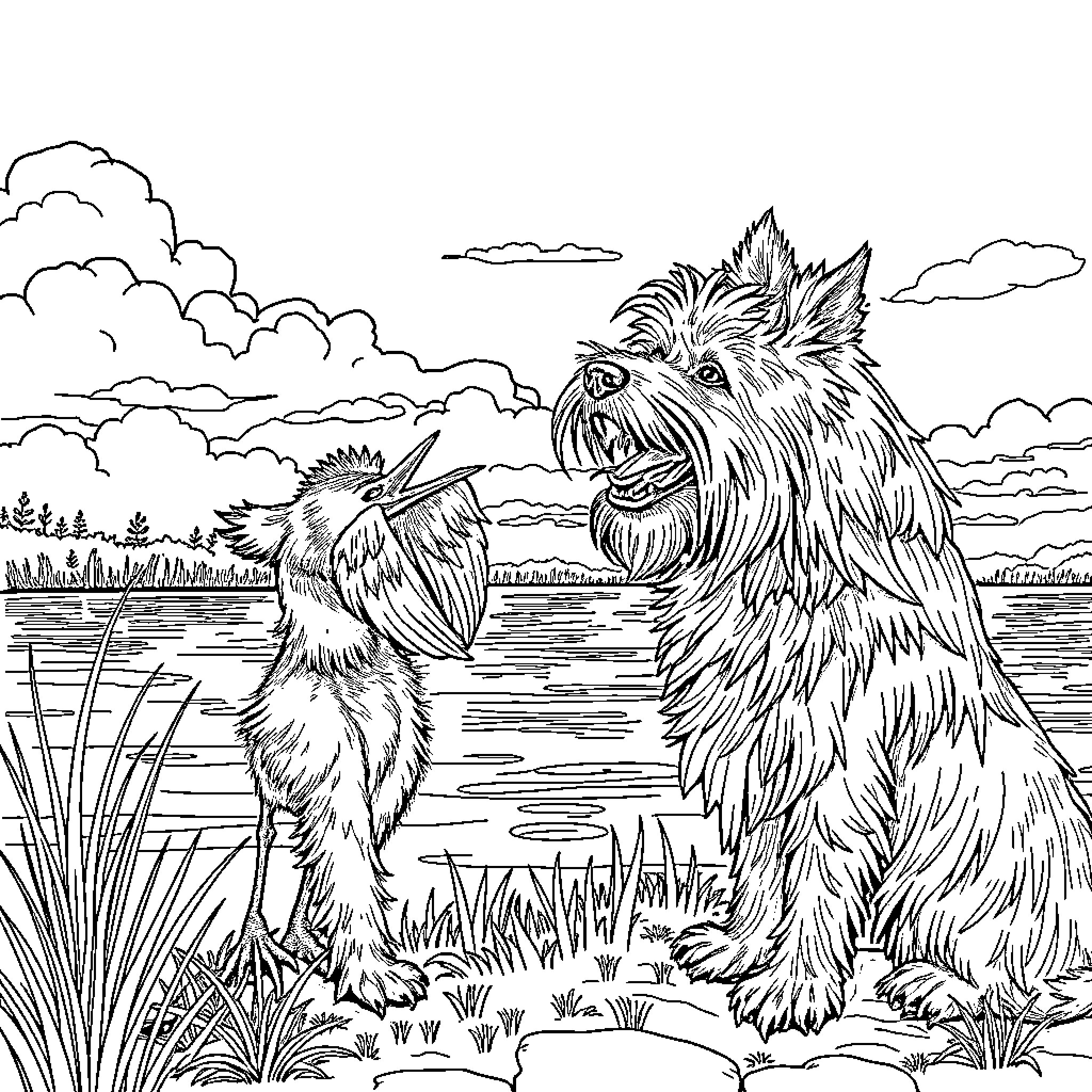 Cairn Terrier duo frolicking by the lake Coloring Page (free black-and-white line drawing printable PDF for all, from beginners to advanced learners, including children, teens, adults, and seniors)