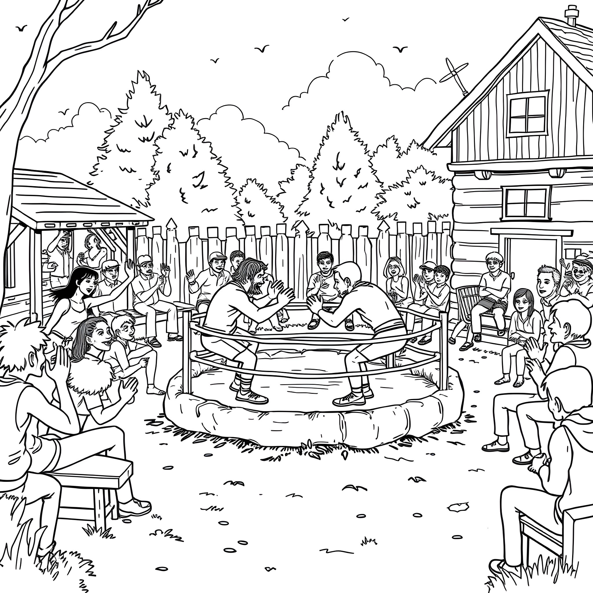 Wrestling in a rural outdoor setting Coloring Page (free black-and-white line drawing printable PDF for all, from beginners to advanced learners, including children, teens, adults, and seniors)