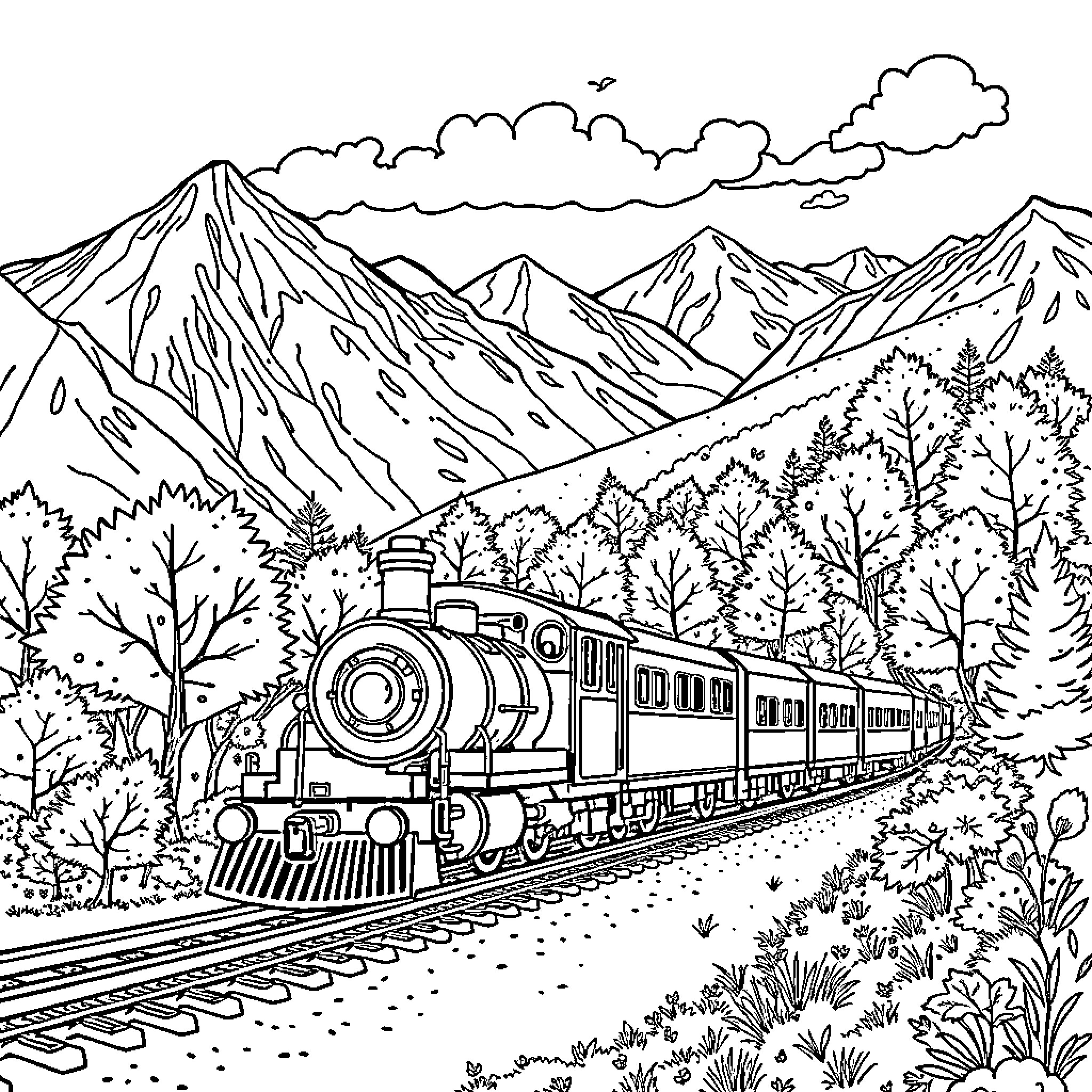Train traveling through scenic mountain landscape Coloring Page (free black-and-white line drawing printable PDF for all, from beginners to advanced learners, including children, teens, adults, and seniors)