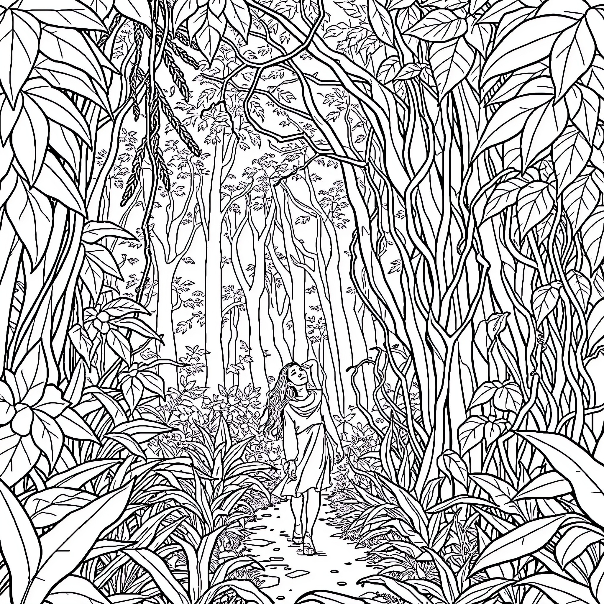 Mom exploring enchanted forest with lush foliage Coloring Page (free black-and-white line drawing printable PDF for all, from beginners to advanced learners, including children, teens, adults, and seniors)