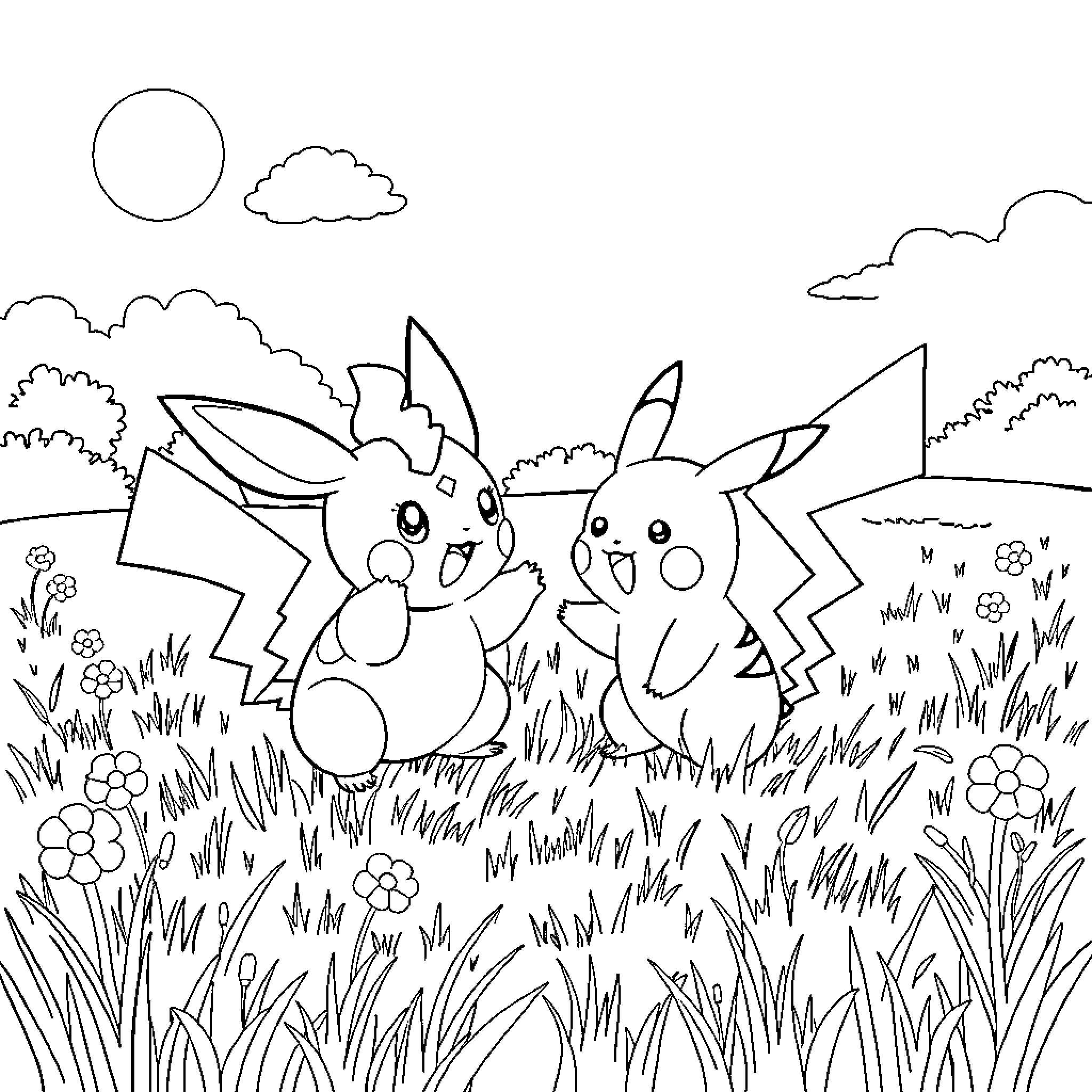 Pikachu friends having fun in the meadow Coloring Page (free black-and-white line drawing printable PDF for all, from beginners to advanced learners, including children, teens, adults, and seniors)