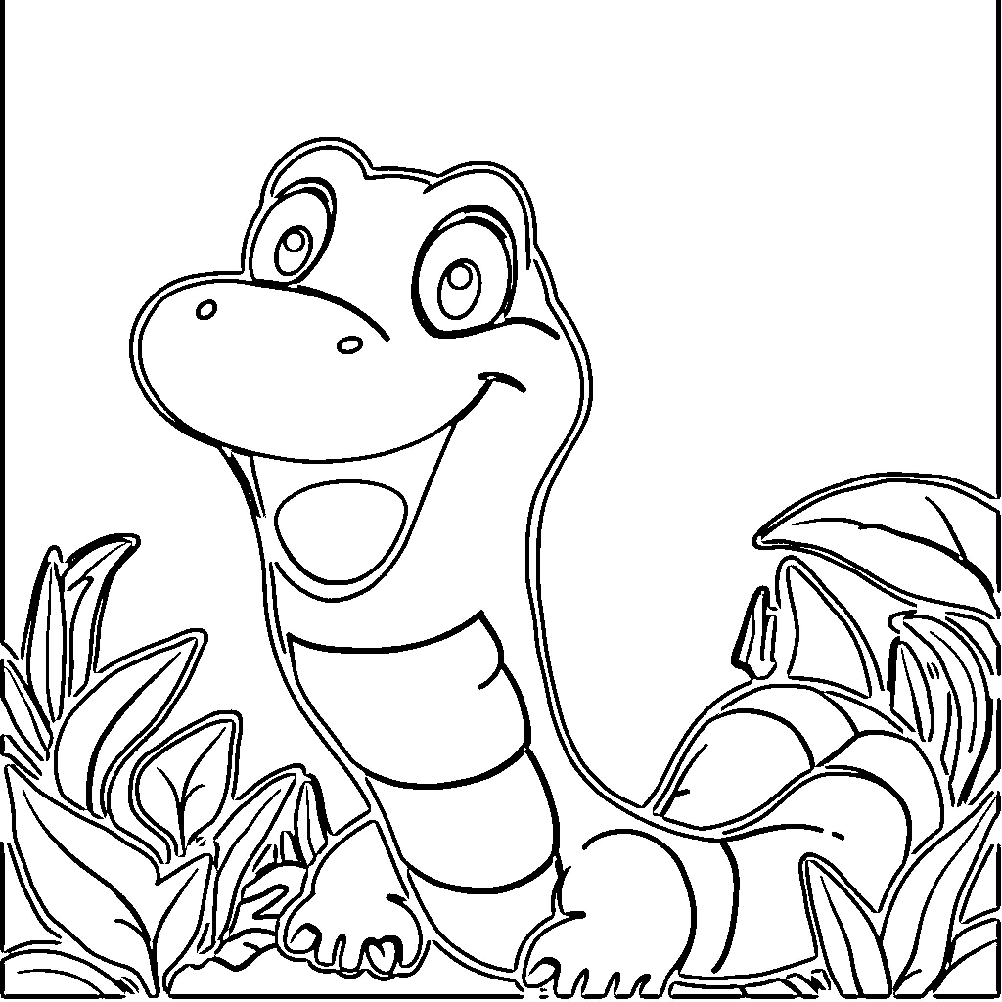 Snake with a cheerful expression in a lush environment Coloring Page (free black-and-white line drawing printable PDF for all, from beginners to advanced learners, including children, teens, adults, and seniors)