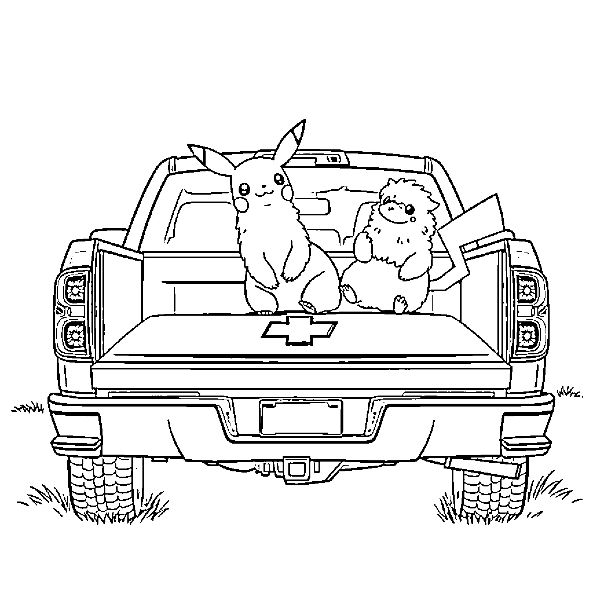 Pikachu and friends on a pickup truck adventure Coloring Page (free black-and-white line drawing printable PDF for all, from beginners to advanced learners, including children, teens, adults, and seniors)