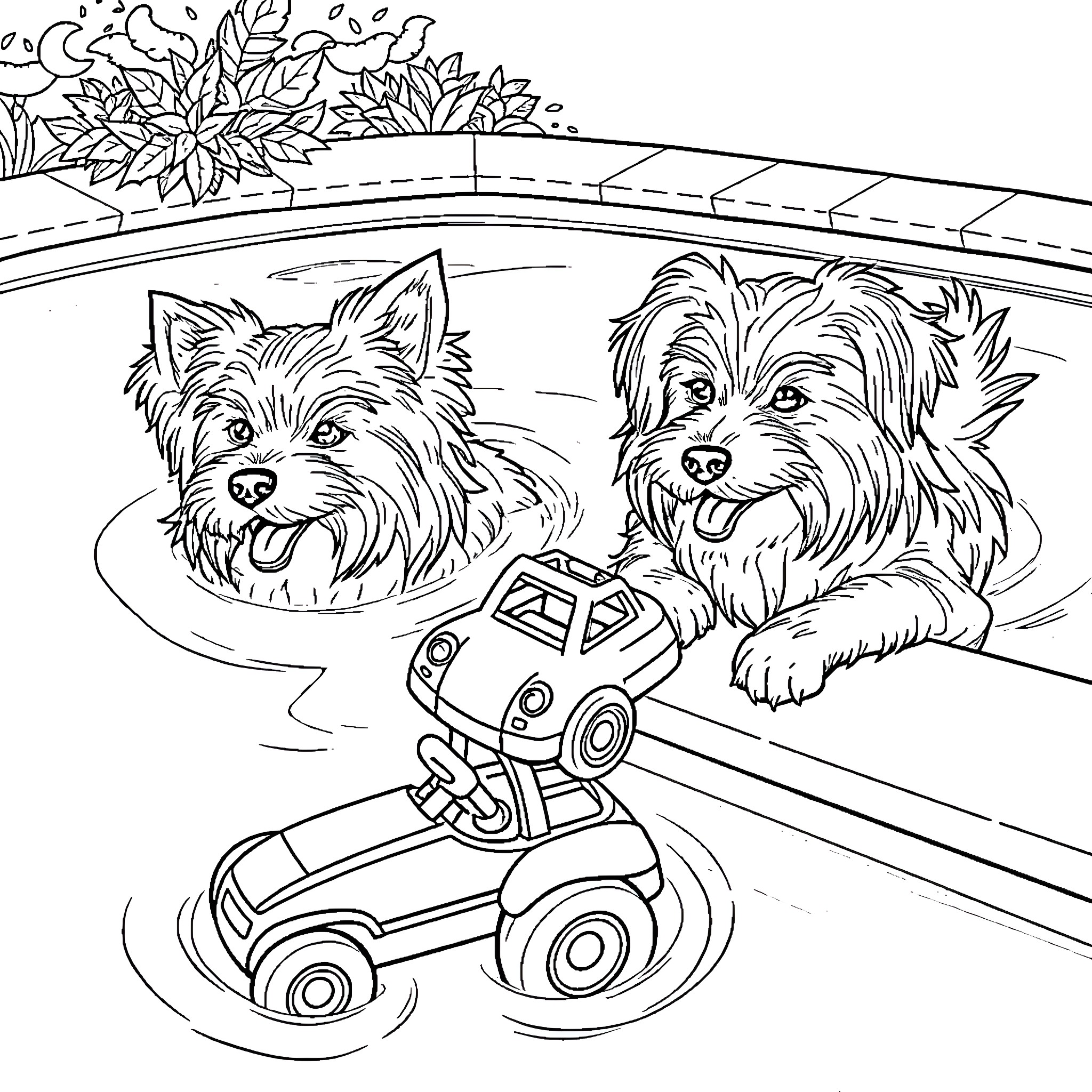 Dogs playing happily with toy car in the pool Coloring Page (free black-and-white line drawing printable PDF for all, from beginners to advanced learners, including children, teens, adults, and seniors)