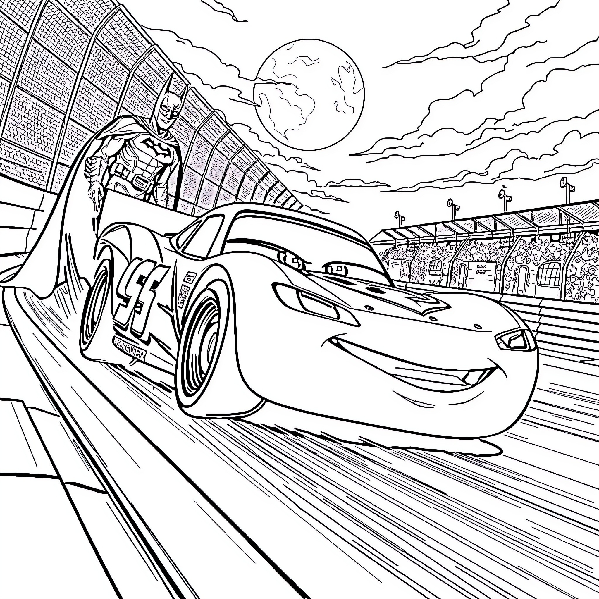Lightning McQueen racing on the track at night Coloring Page (free black-and-white line drawing printable PDF for all, from beginners to advanced learners, including children, teens, adults, and seniors)