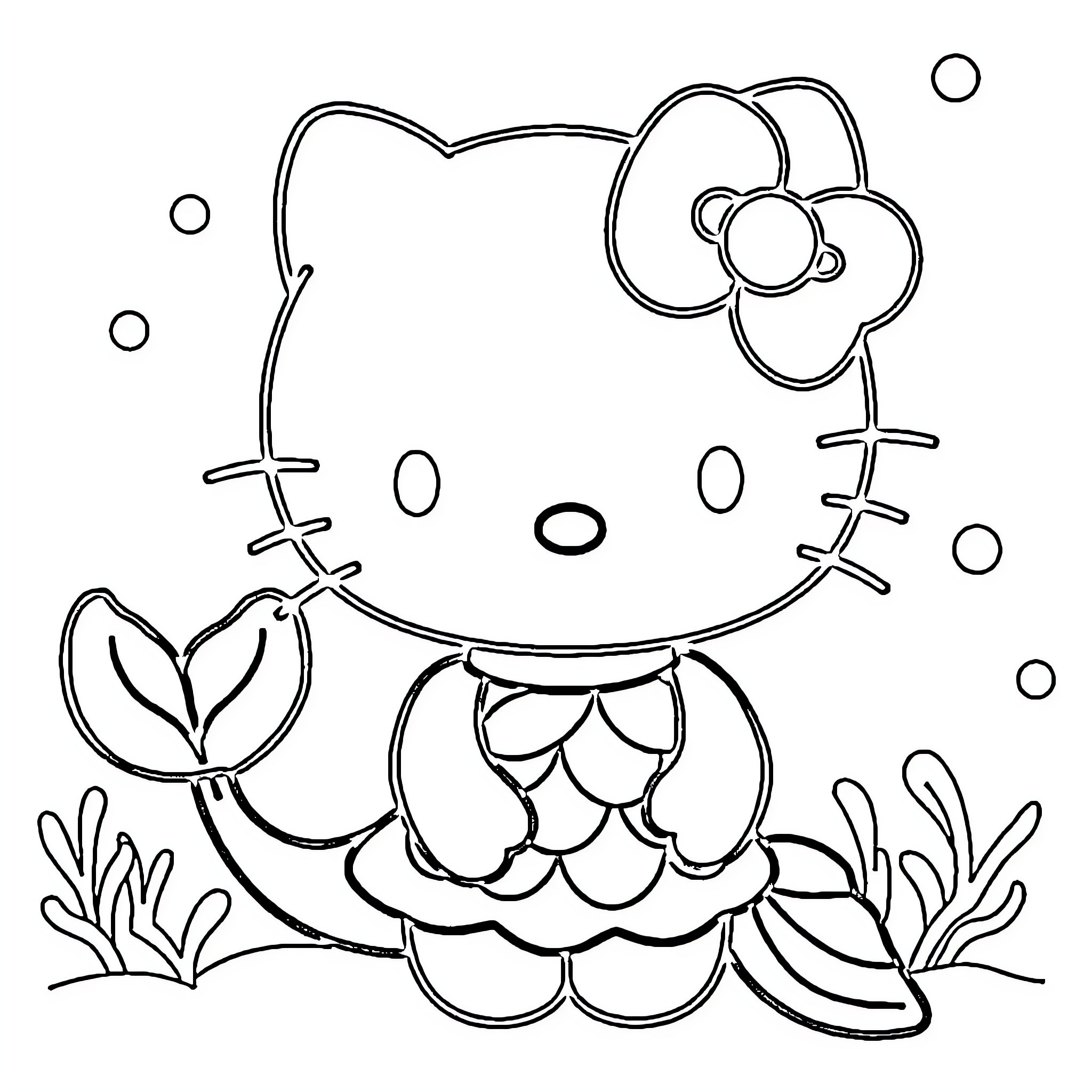 Hello Kitty mermaid swimming underwater Coloring Page (free black-and-white line drawing printable PDF for all, from beginners to advanced learners, including children, teens, adults, and seniors)