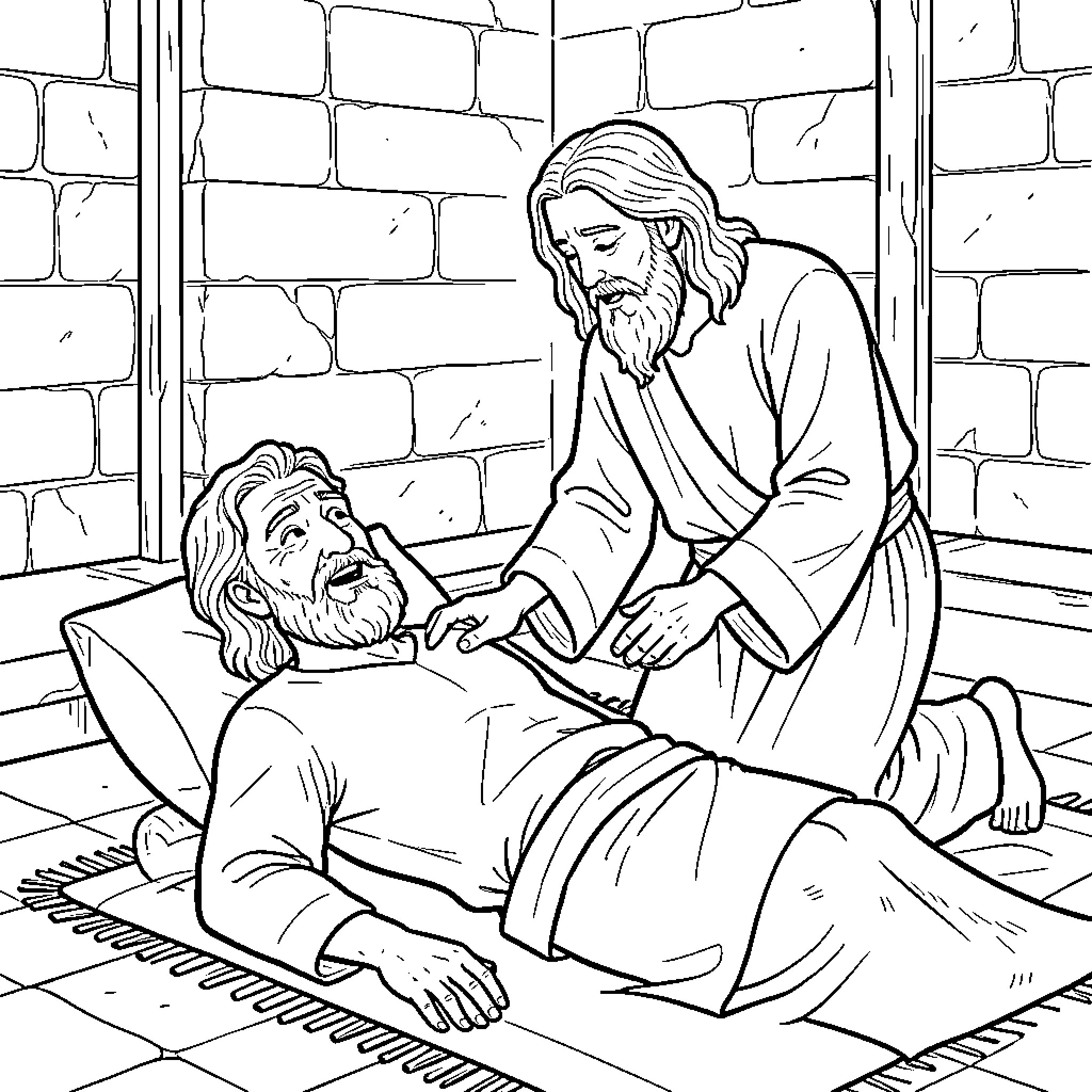 Jesus comforting a suffering man Coloring Page (free black-and-white line drawing printable PDF for all, from beginners to advanced learners, including children, teens, adults, and seniors)