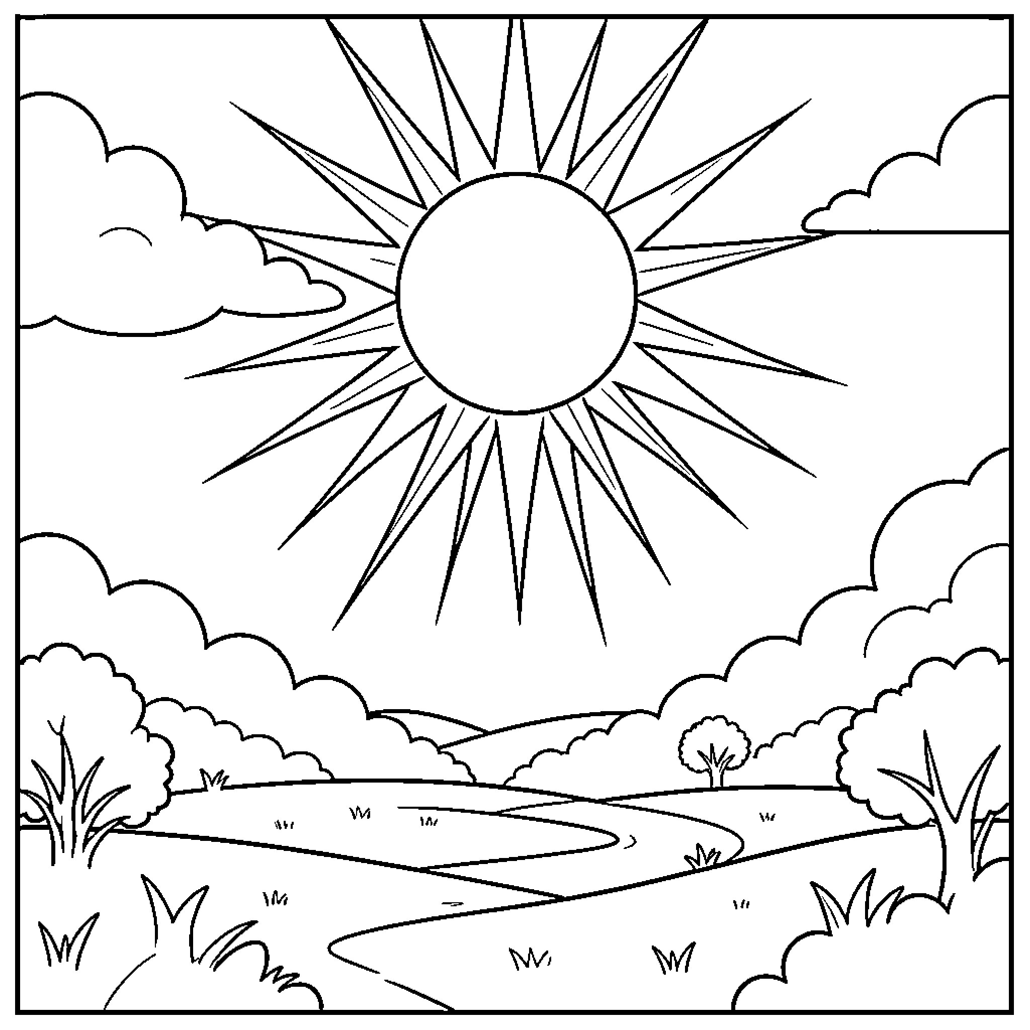 Sun shining brightly over scenic landscape Coloring Page (free black-and-white line drawing printable PDF for all, from beginners to advanced learners, including children, teens, adults, and seniors)