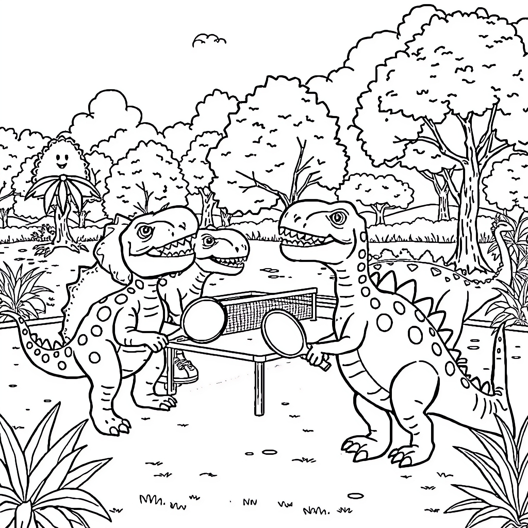 Dinosaurs playing ping-pong in the jungle Coloring Page (free black-and-white line drawing printable PDF for all, from beginners to advanced learners, including children, teens, adults, and seniors)