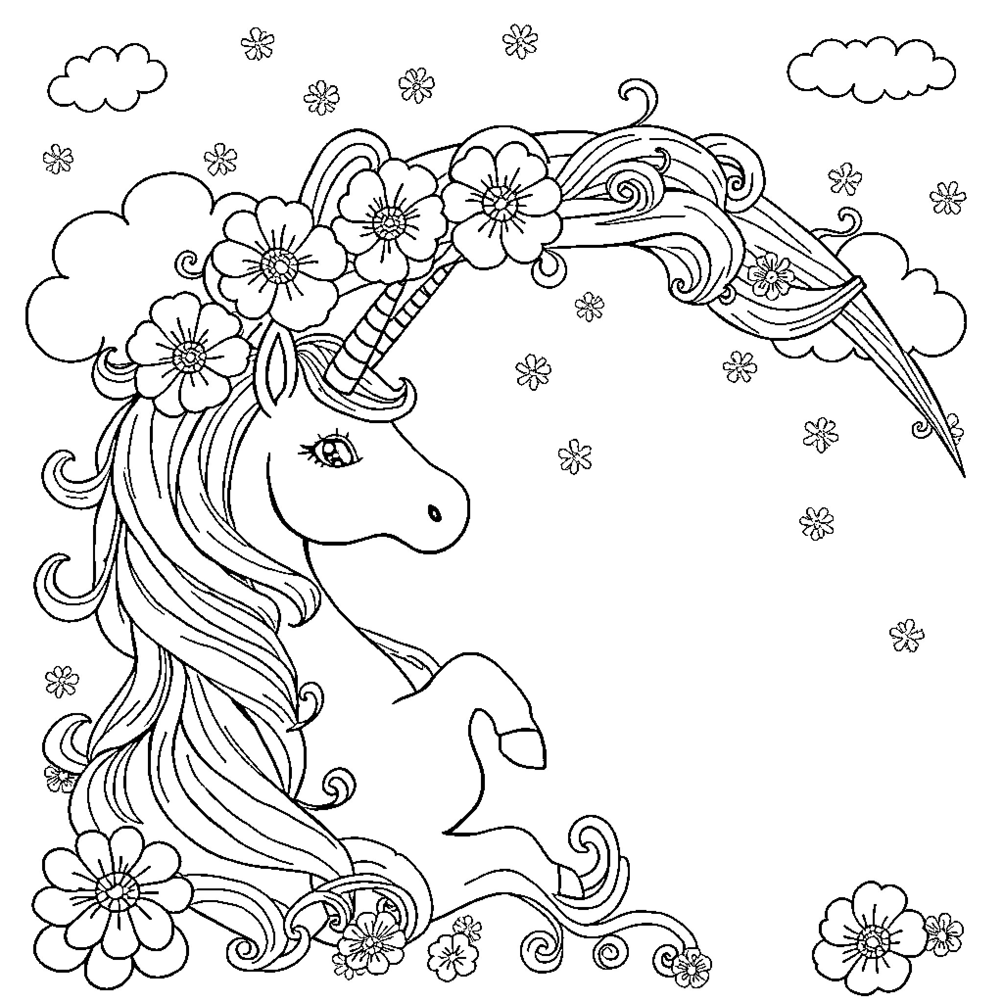 Unicorn surrounded by whimsical floral designs Coloring Page (free black-and-white line drawing printable PDF for all, from beginners to advanced learners, including children, teens, adults, and seniors)