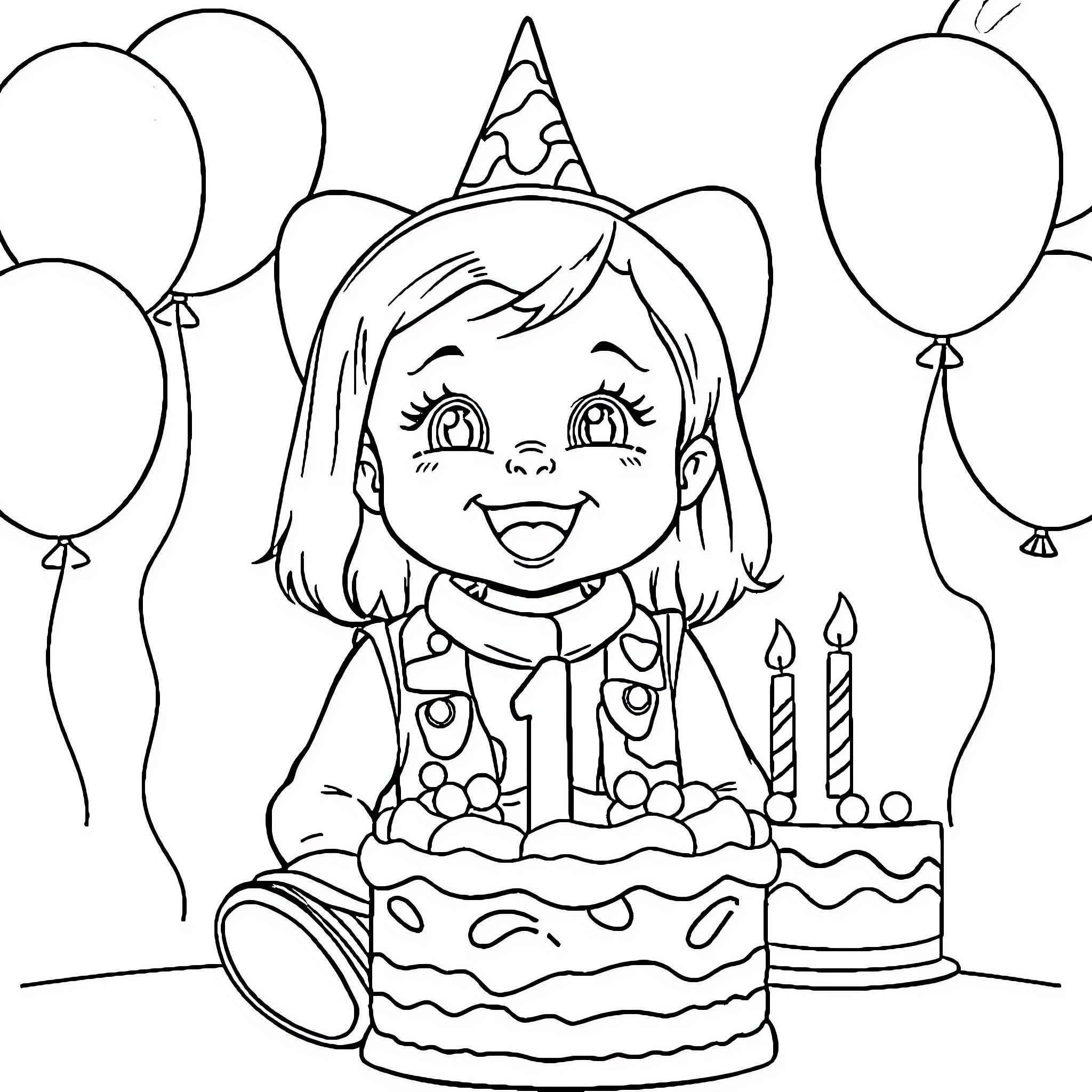 Baby Girl Celebrating Birthday with Cake and Balloons Coloring Page (free black-and-white line drawing printable PDF for all, from beginners to advanced learners, including children, teens, adults, and seniors)