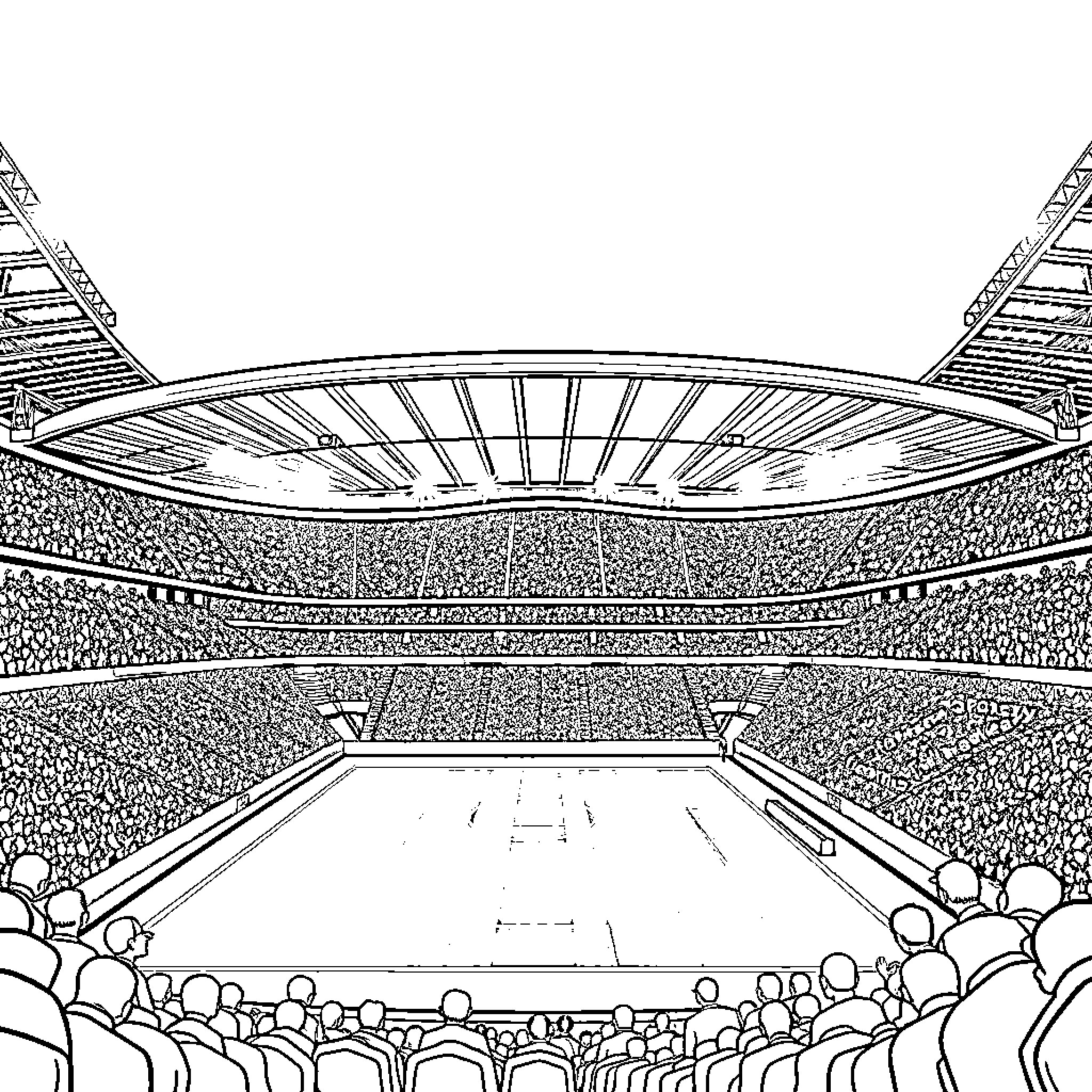 Stadium with Spectator-Filled Stands and Curved Roof Coloring Page (free black-and-white line drawing printable PDF for all, from beginners to advanced learners, including children, teens, adults, and seniors)