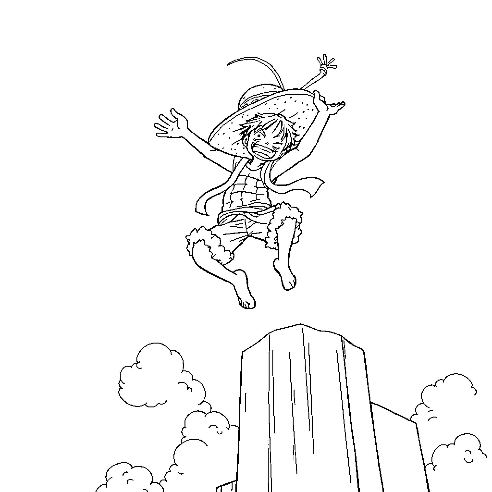 Luffy jumping excitedly in front of city skyline Coloring Page (free black-and-white line drawing printable PDF for all, from beginners to advanced learners, including children, teens, adults, and seniors)