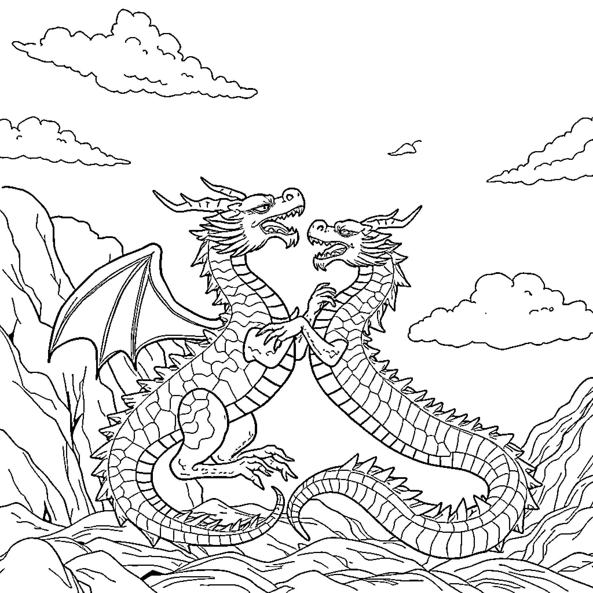 Tiamat, the Mythical Dual-Headed Dragon Coloring Page (free black-and-white line drawing printable PDF for all, from beginners to advanced learners, including children, teens, adults, and seniors)