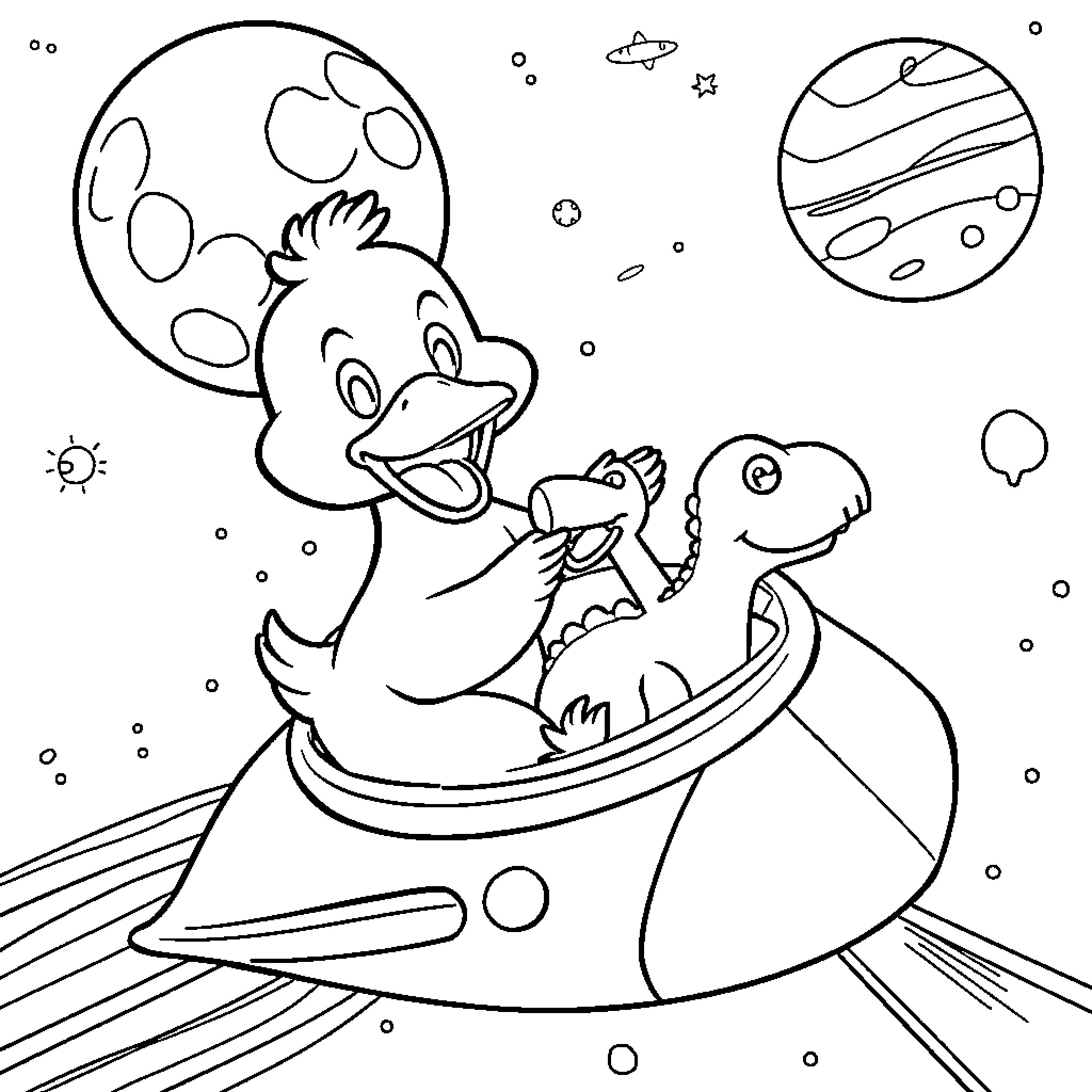 Duck exploring the galaxy in a spaceship Coloring Page (free black-and-white line drawing printable PDF for all, from beginners to advanced learners, including children, teens, adults, and seniors)