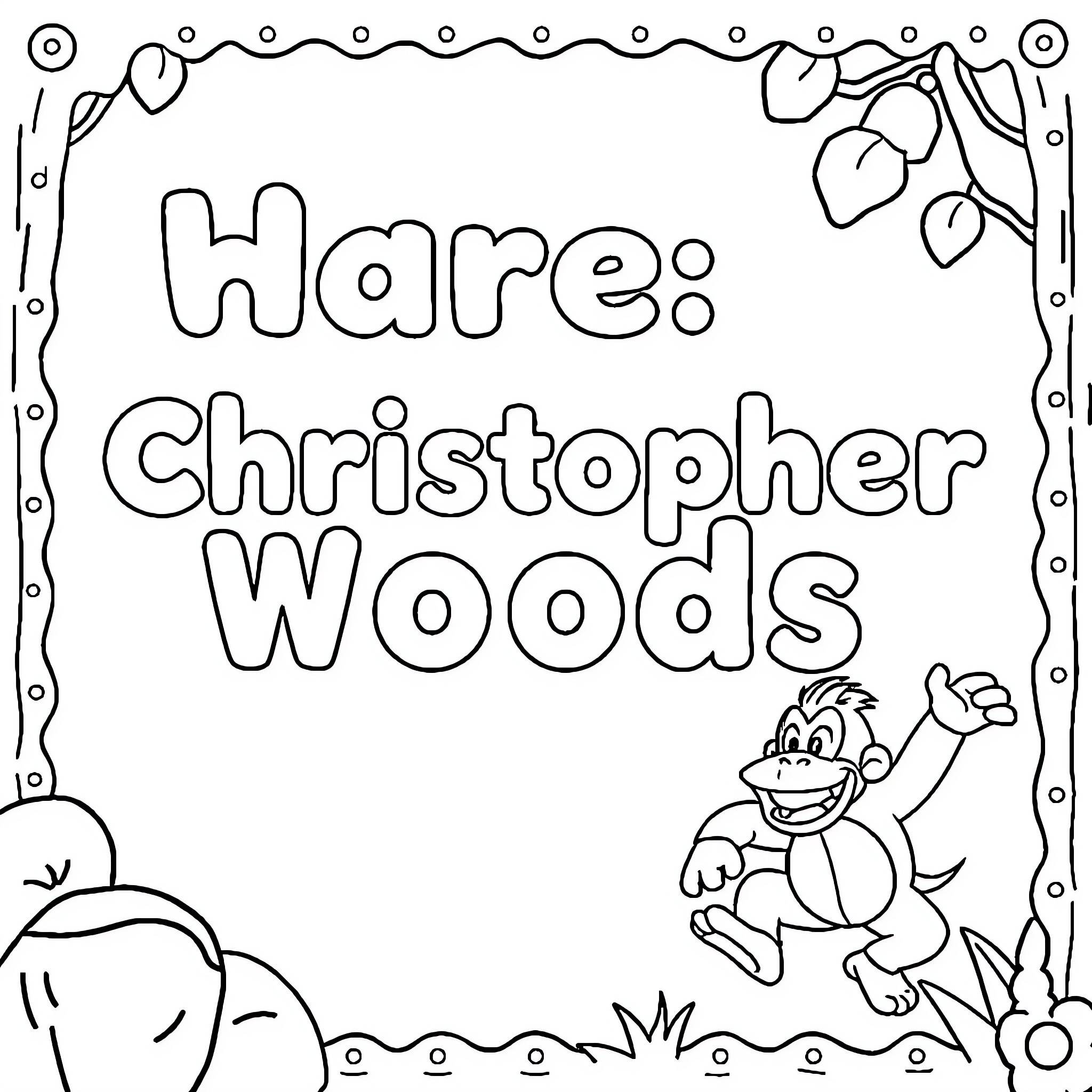 Donkey Kong playing happily in a whimsical scene Coloring Page (free black-and-white line drawing printable PDF for all, from beginners to advanced learners, including children, teens, adults, and seniors)