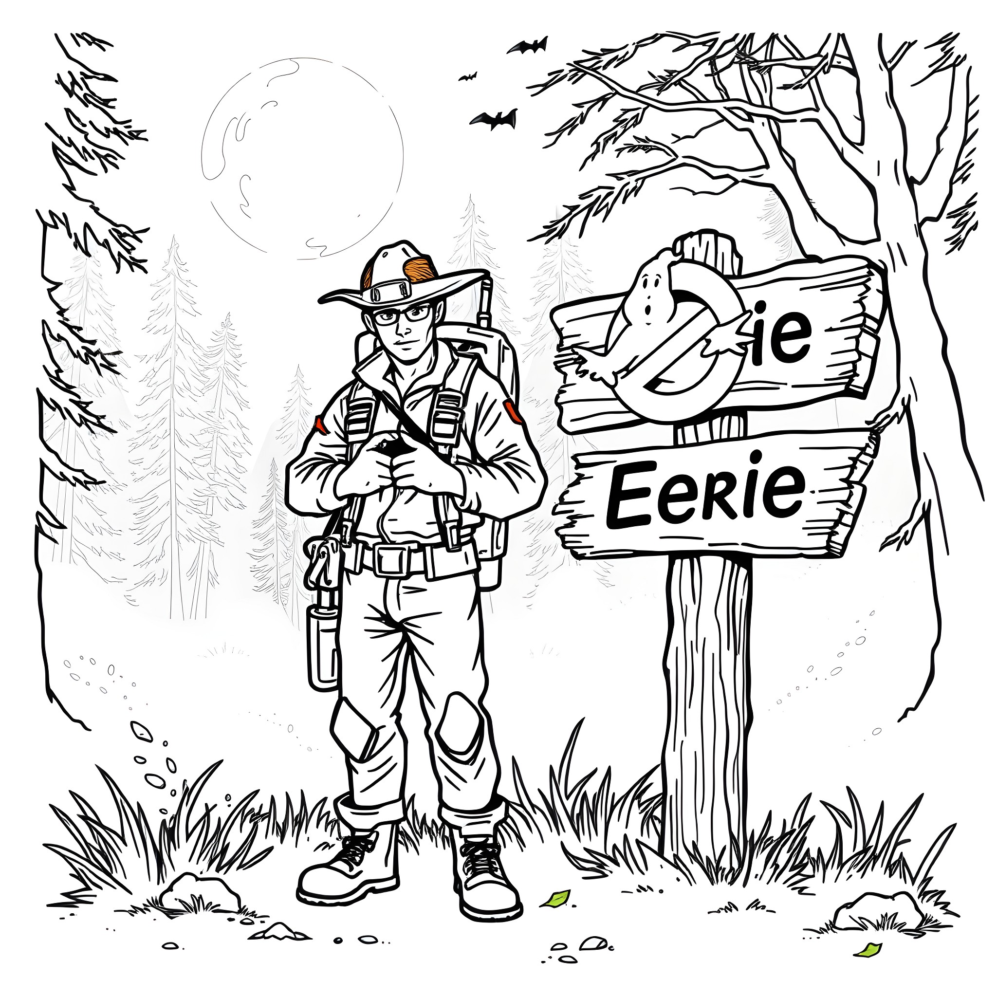 Ghostbuster explores the Eerie forest at night Coloring Page (free black-and-white line drawing printable PDF for all, from beginners to advanced learners, including children, teens, adults, and seniors)