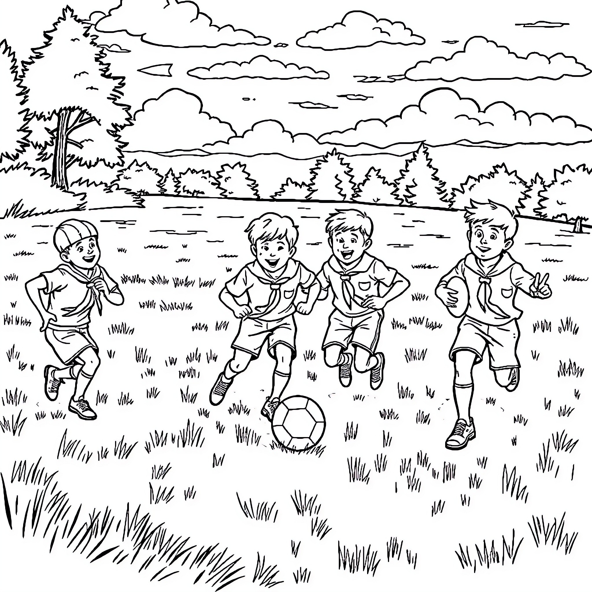 Scout group playing soccer in the park Coloring Page (free black-and-white line drawing printable PDF for all, from beginners to advanced learners, including children, teens, adults, and seniors)