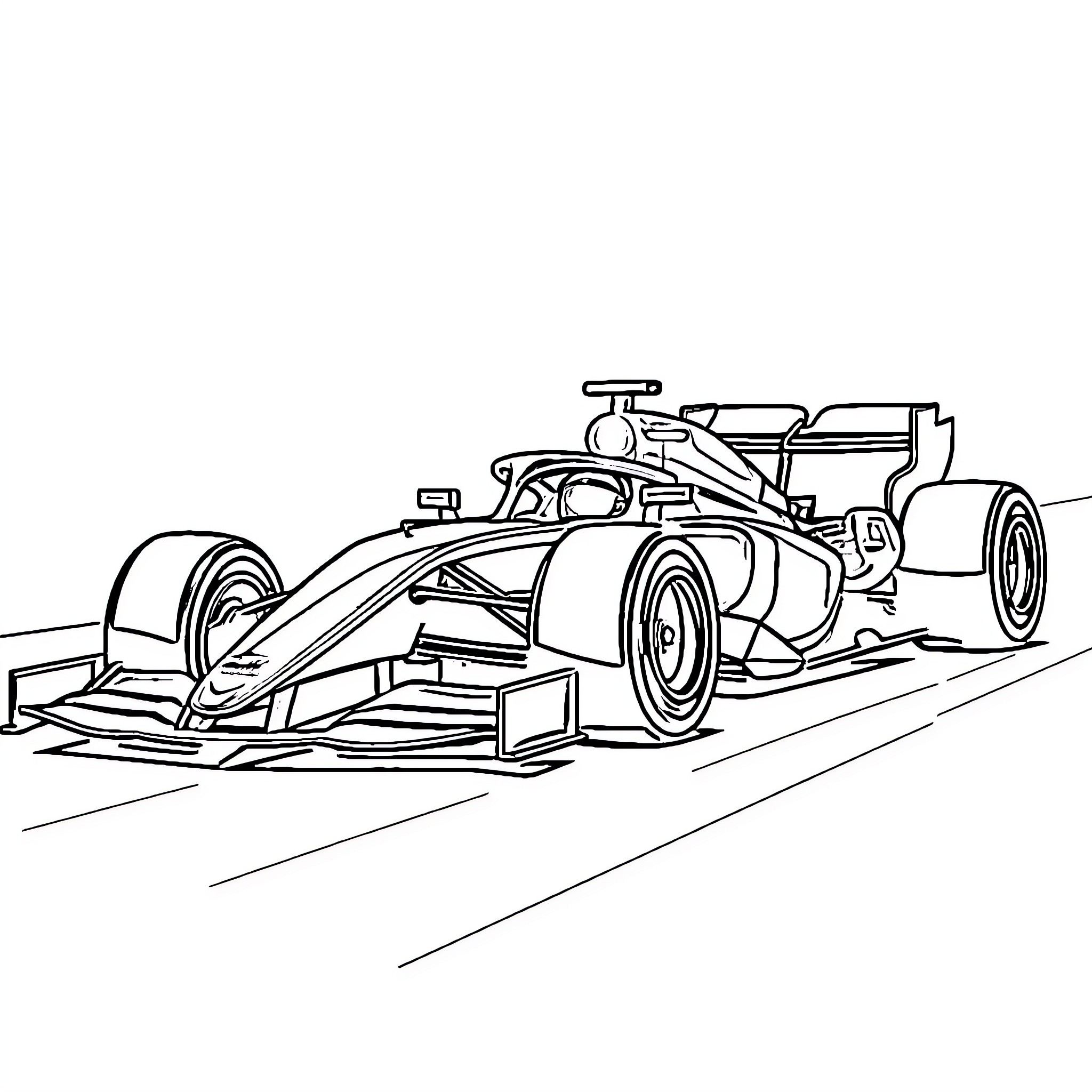 F1 Car racing on the track Coloring Page (free black-and-white line drawing printable PDF for all, from beginners to advanced learners, including children, teens, adults, and seniors)