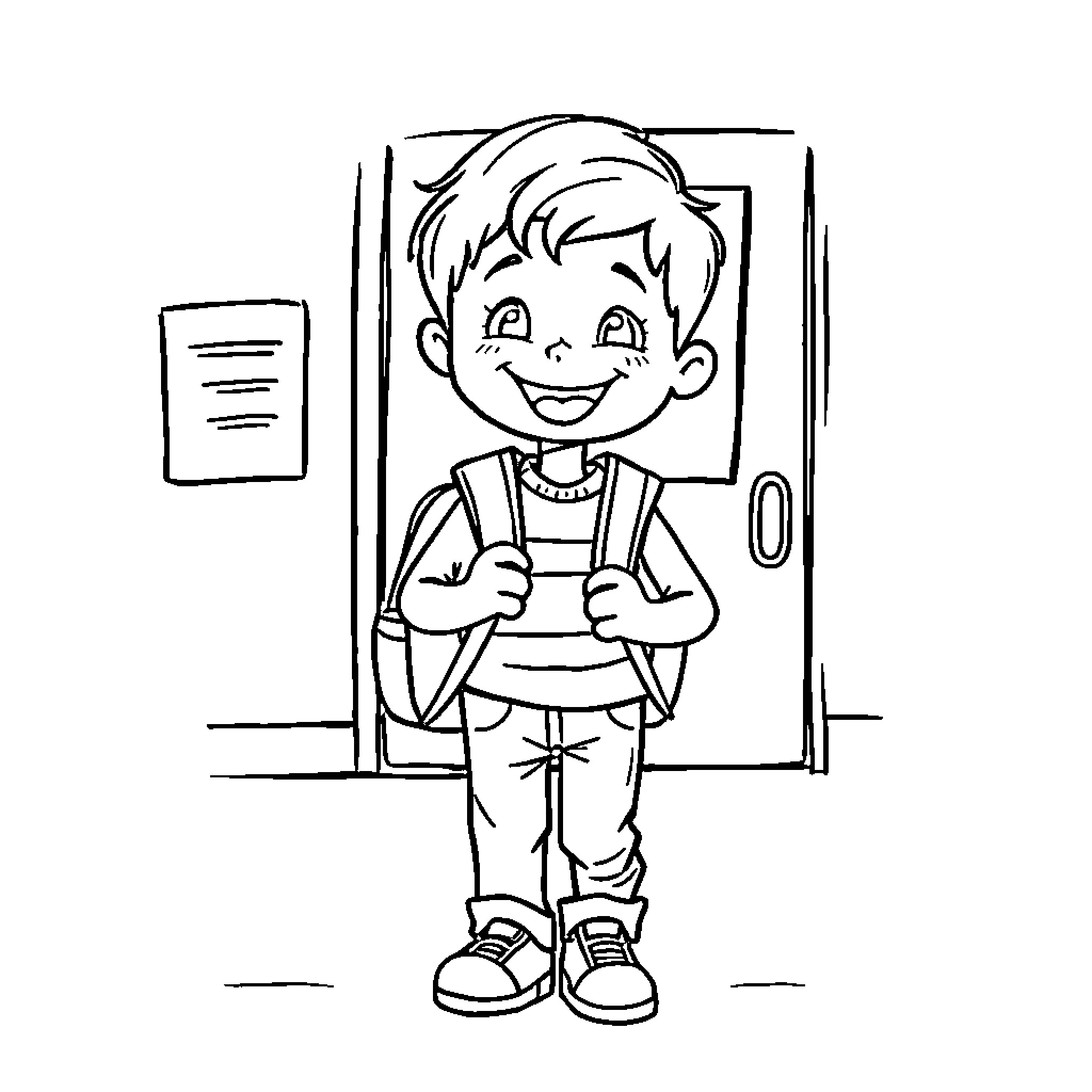 Child happily entering school with backpack Coloring Page (free black-and-white line drawing printable PDF for all, from beginners to advanced learners, including children, teens, adults, and seniors)