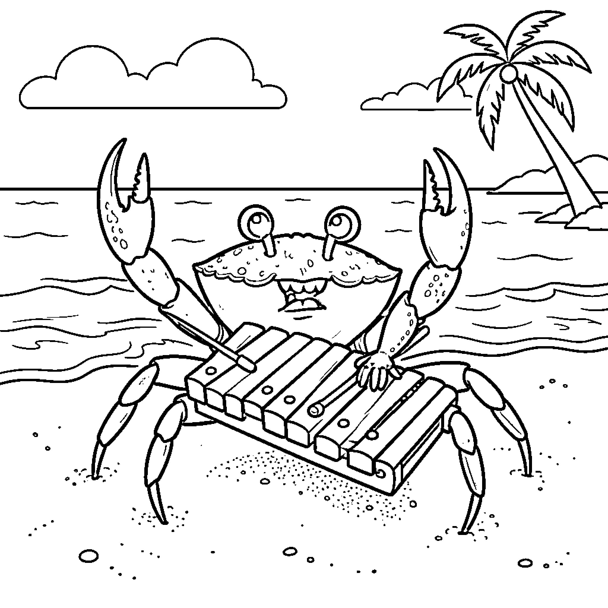 Crab playing a xylophone on the beach Coloring Page (free black-and-white line drawing printable PDF for all, from beginners to advanced learners, including children, teens, adults, and seniors)