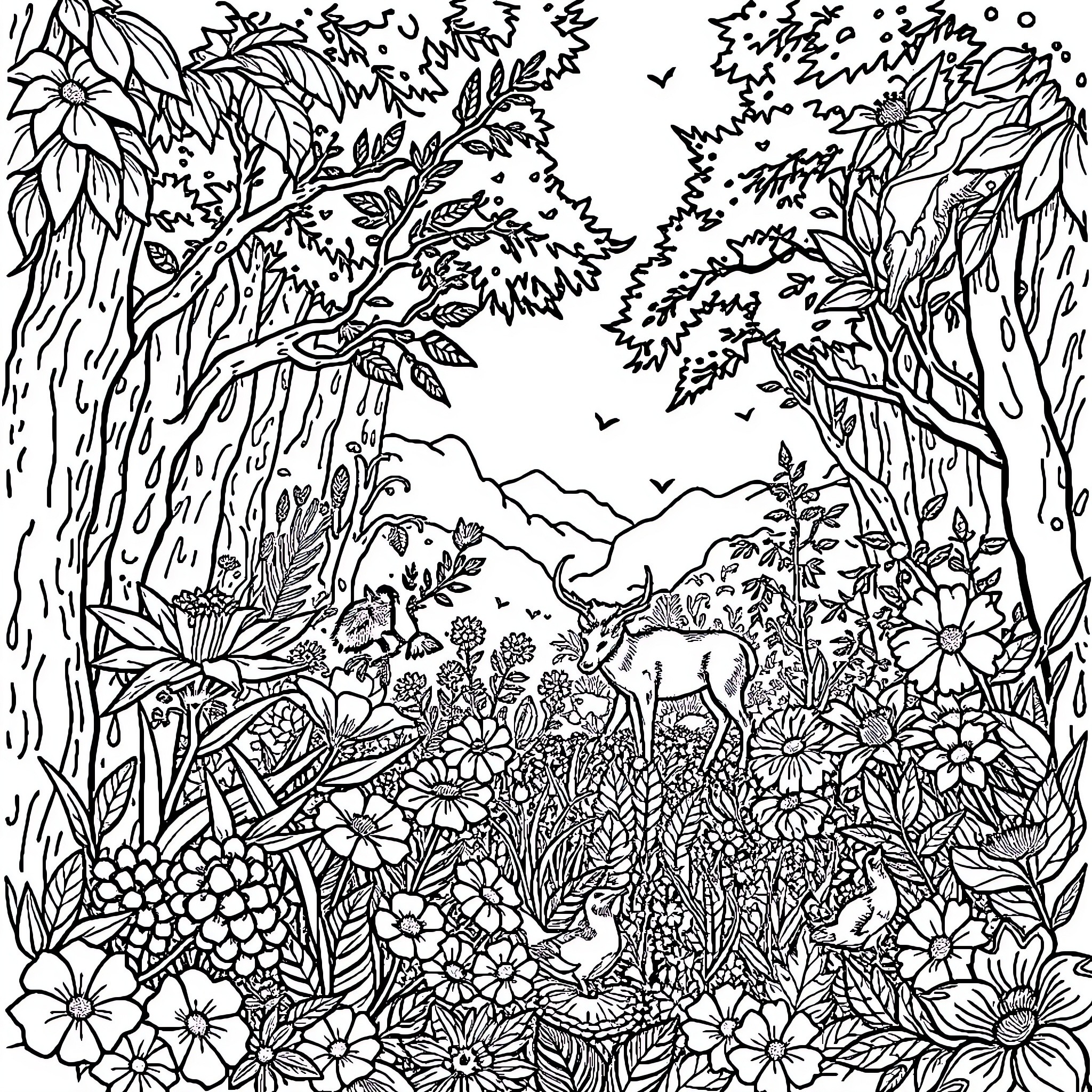 Forest Filled with Vibrant Floral Life and Wildlife Coloring Page (free black-and-white line drawing printable PDF for all, from beginners to advanced learners, including children, teens, adults, and seniors)