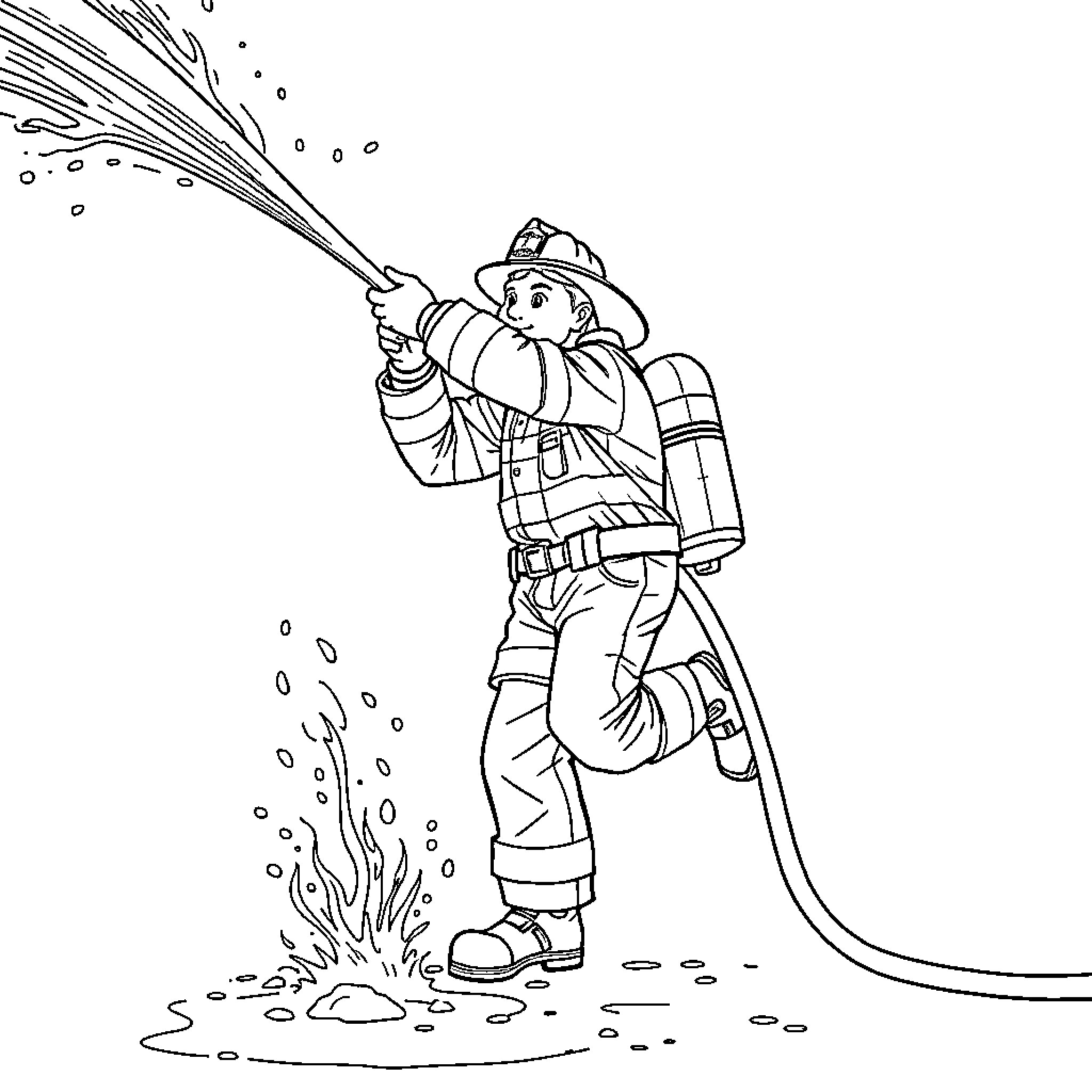 Firefighter battling blaze with hose Coloring Page (free black-and-white line drawing printable PDF for all, from beginners to advanced learners, including children, teens, adults, and seniors)