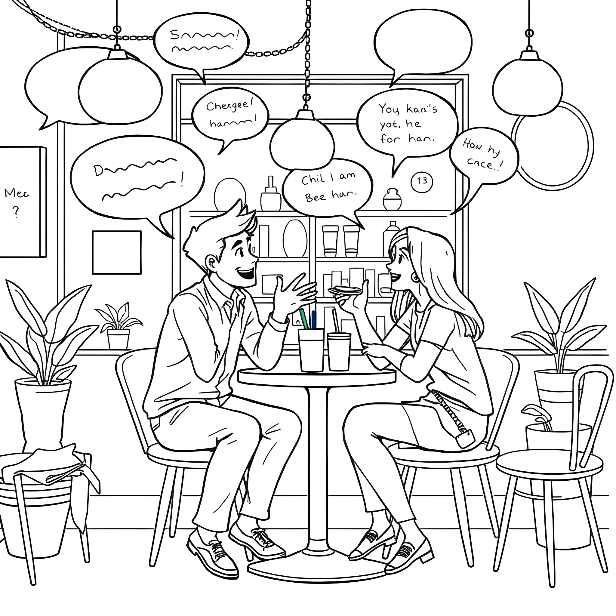 Anda's Casual Conversation in Cozy Cafe Coloring Page (free black-and-white line drawing printable PDF for all, from beginners to advanced learners, including children, teens, adults, and seniors)