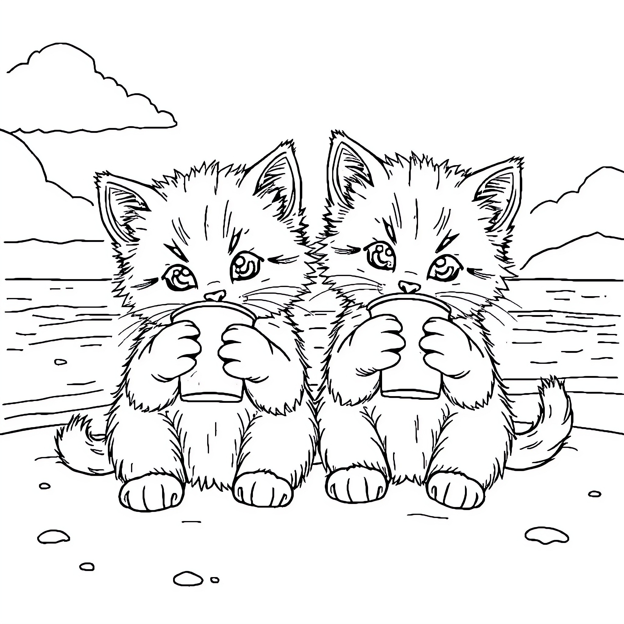 Kittens cuddling by the lakeside Coloring Page (free black-and-white line drawing printable PDF for all, from beginners to advanced learners, including children, teens, adults, and seniors)