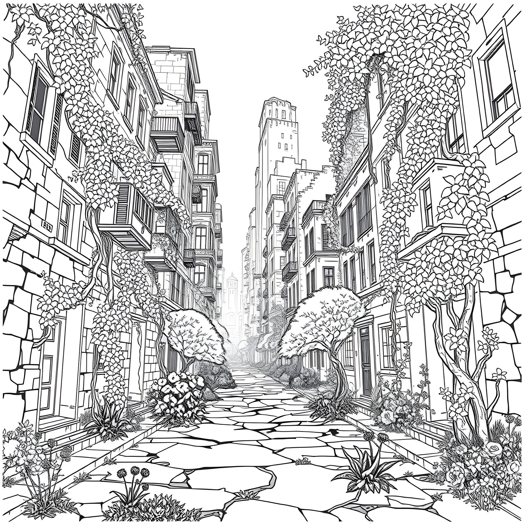 Urban Decay: Overgrown Alleyway of Architectural Wonders Coloring Page (free black-and-white line drawing printable PDF for all, from beginners to advanced learners, including children, teens, adults, and seniors)