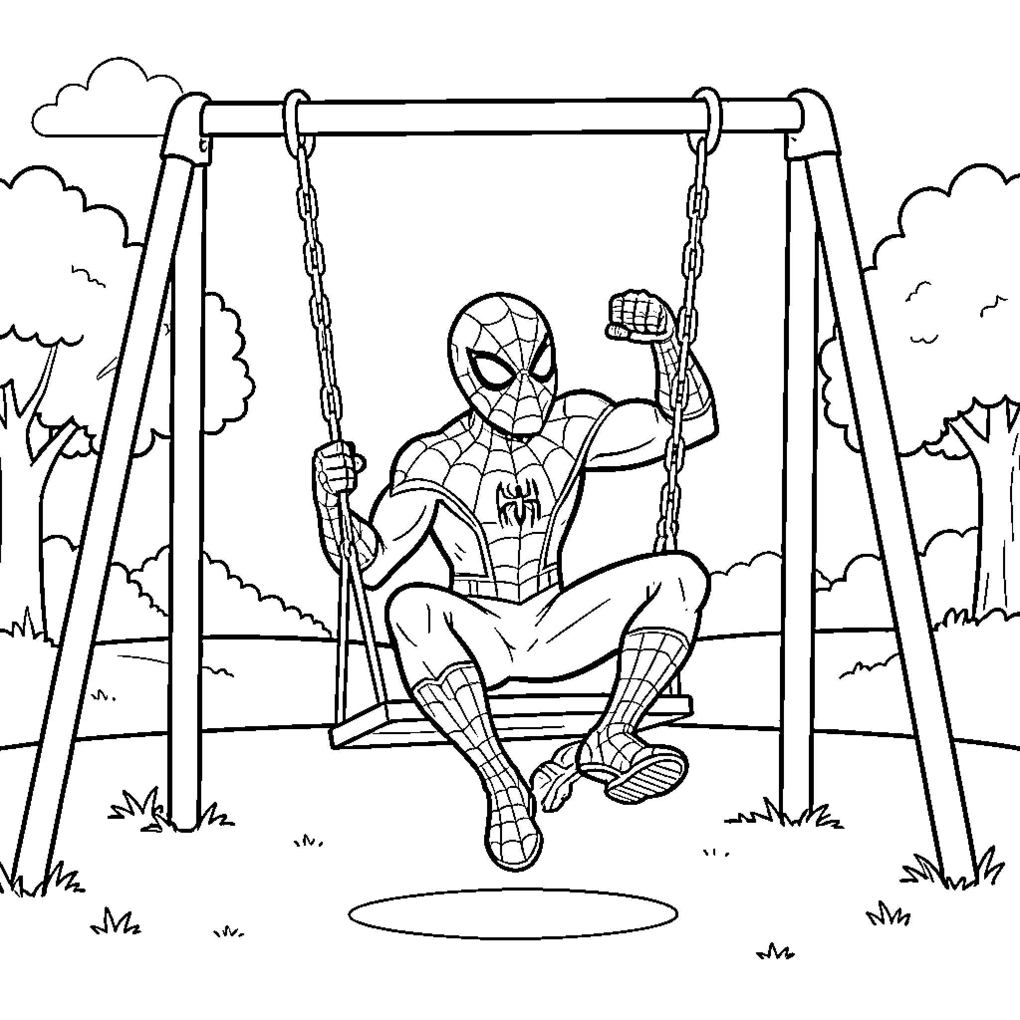 Spiderman relaxing on a swing in a park Coloring Page (free black-and-white line drawing printable PDF for all, from beginners to advanced learners, including children, teens, adults, and seniors)