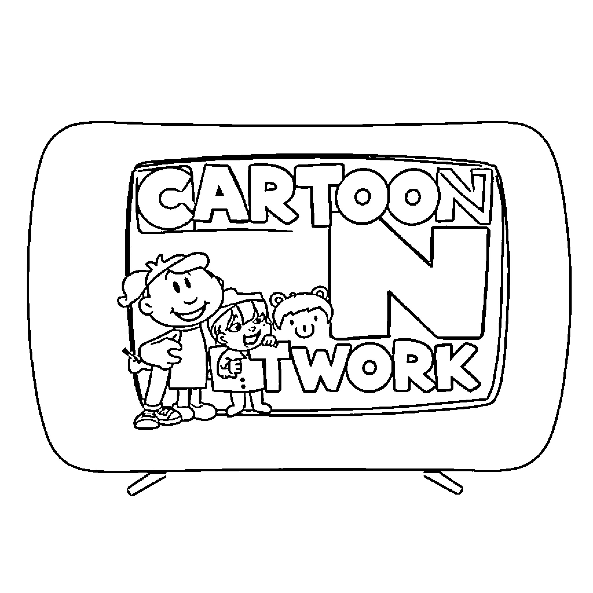 Cartoon Network characters in a TV set Coloring Page (free black-and-white line drawing printable PDF for all, from beginners to advanced learners, including children, teens, adults, and seniors)