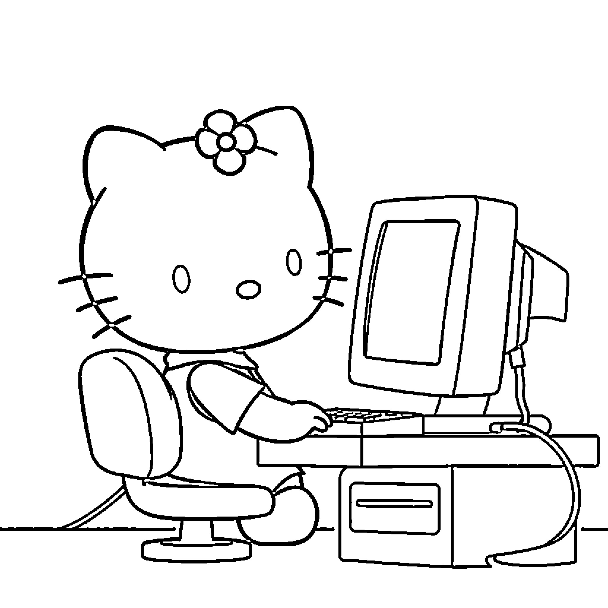 Hello Kitty Using a Computer Coloring Page (free black-and-white line drawing printable PDF for all, from beginners to advanced learners, including children, teens, adults, and seniors)
