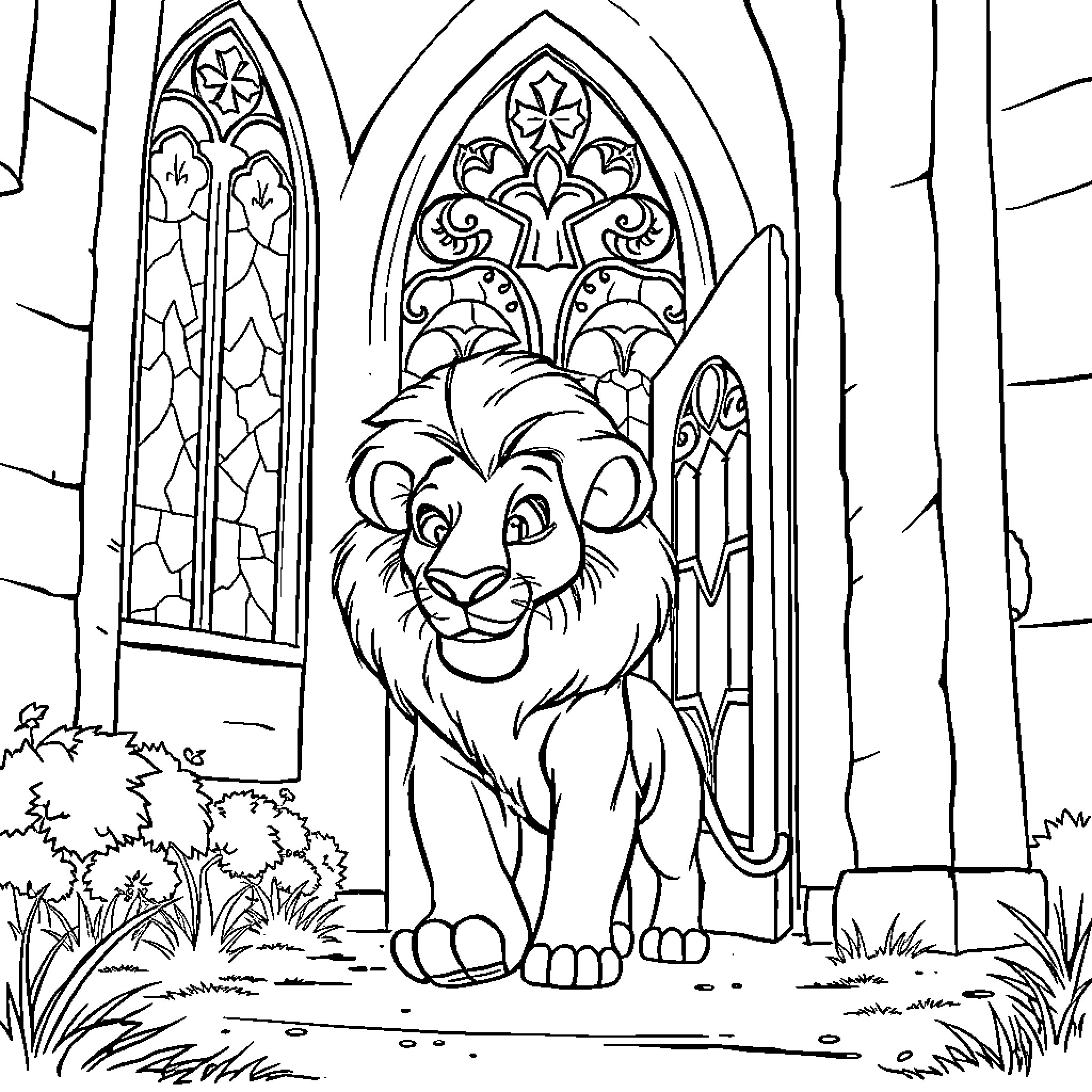 Simba explores the majestic cathedral Coloring Page (free black-and-white line drawing printable PDF for all, from beginners to advanced learners, including children, teens, adults, and seniors)