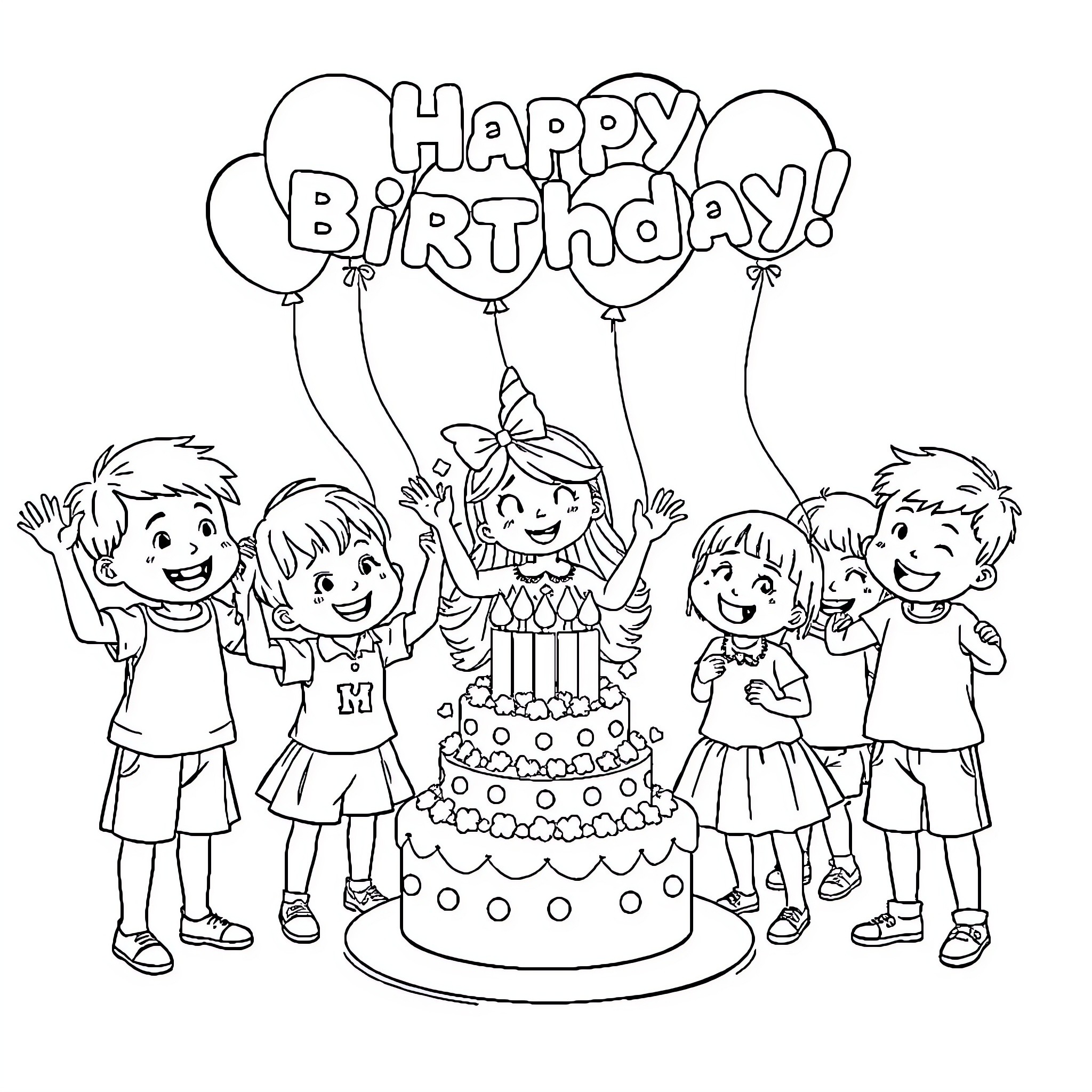 Children celebrating a birthday with cake and balloons Coloring Page (free black-and-white line drawing printable PDF for all, from beginners to advanced learners, including children, teens, adults, and seniors)
