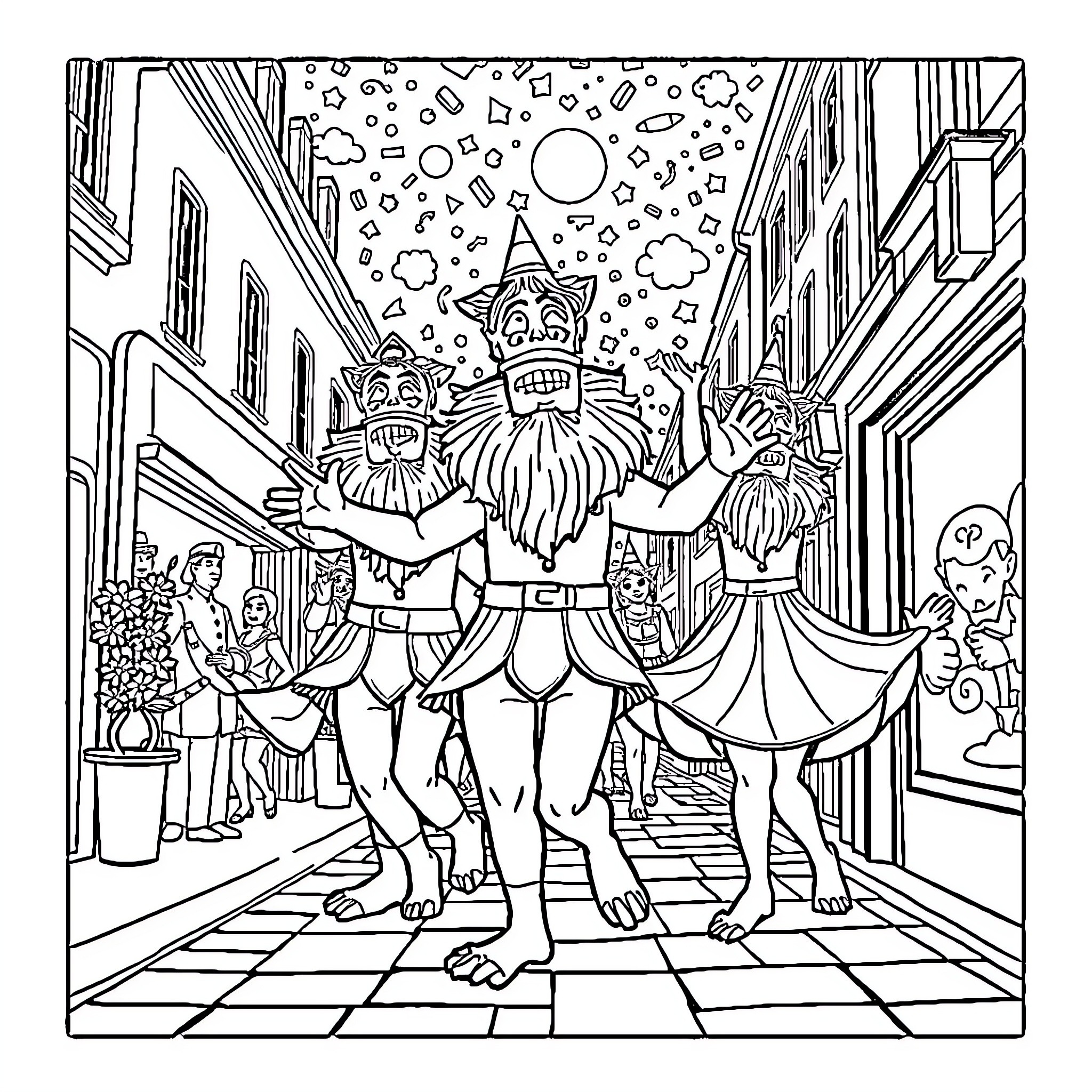 Giants Celebrating Festive Revelry in the City Coloring Page (free black-and-white line drawing printable PDF for all, from beginners to advanced learners, including children, teens, adults, and seniors)