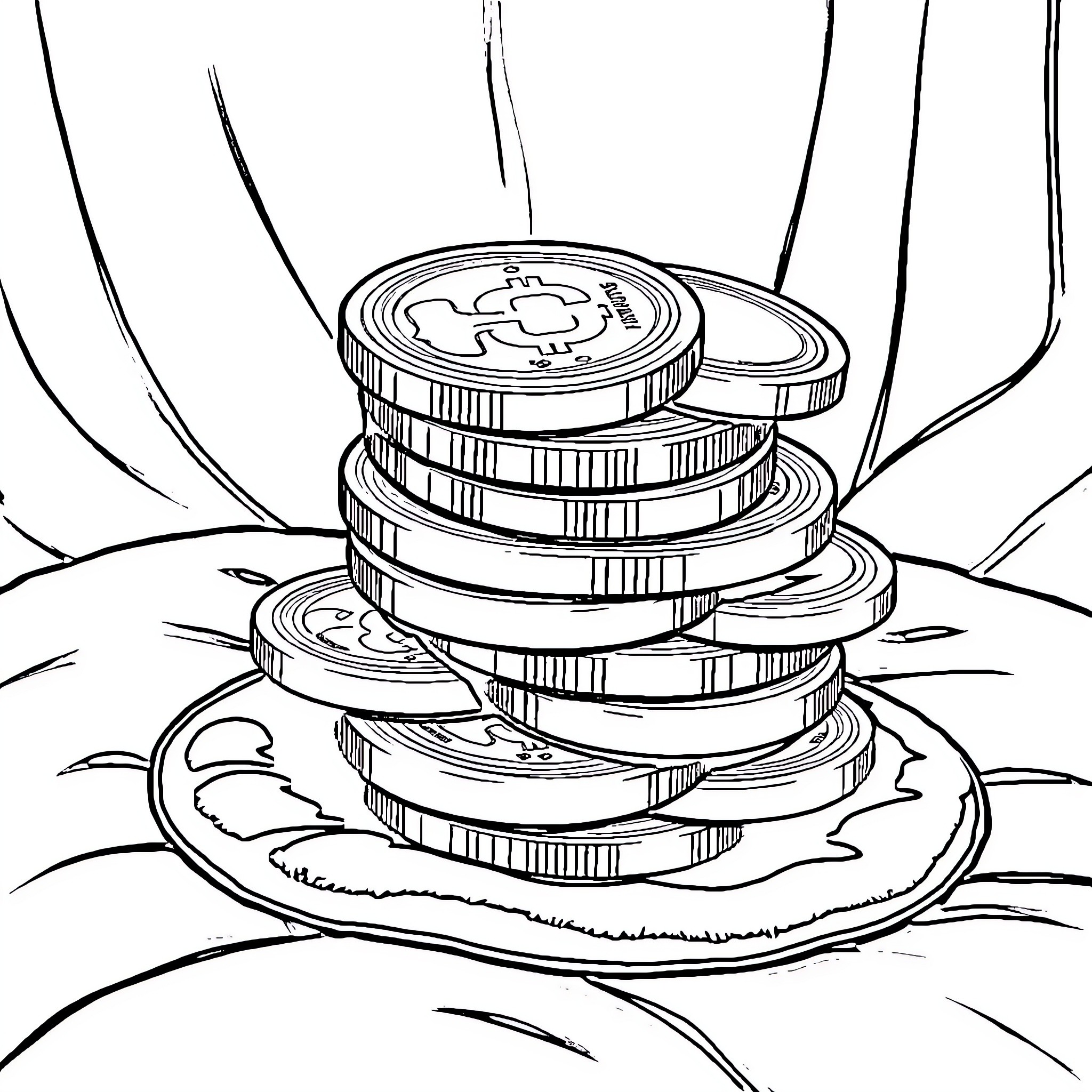 Gold Coins Piled on Cracked Ground Coloring Page (free black-and-white line drawing printable PDF for all, from beginners to advanced learners, including children, teens, adults, and seniors)
